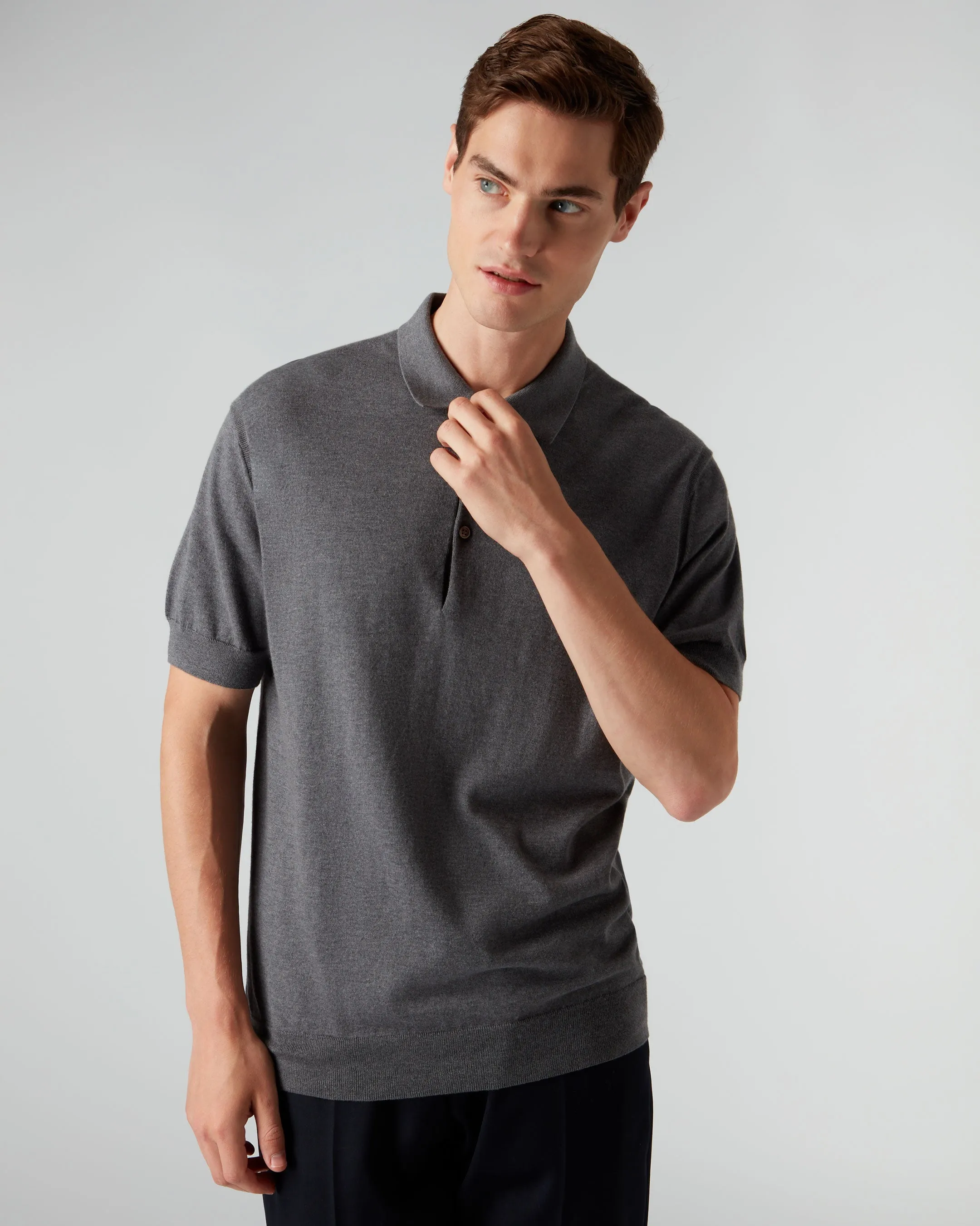 007 Short Sleeve Cotton Cashmere Collared Polo T-shirt Smoke Grey