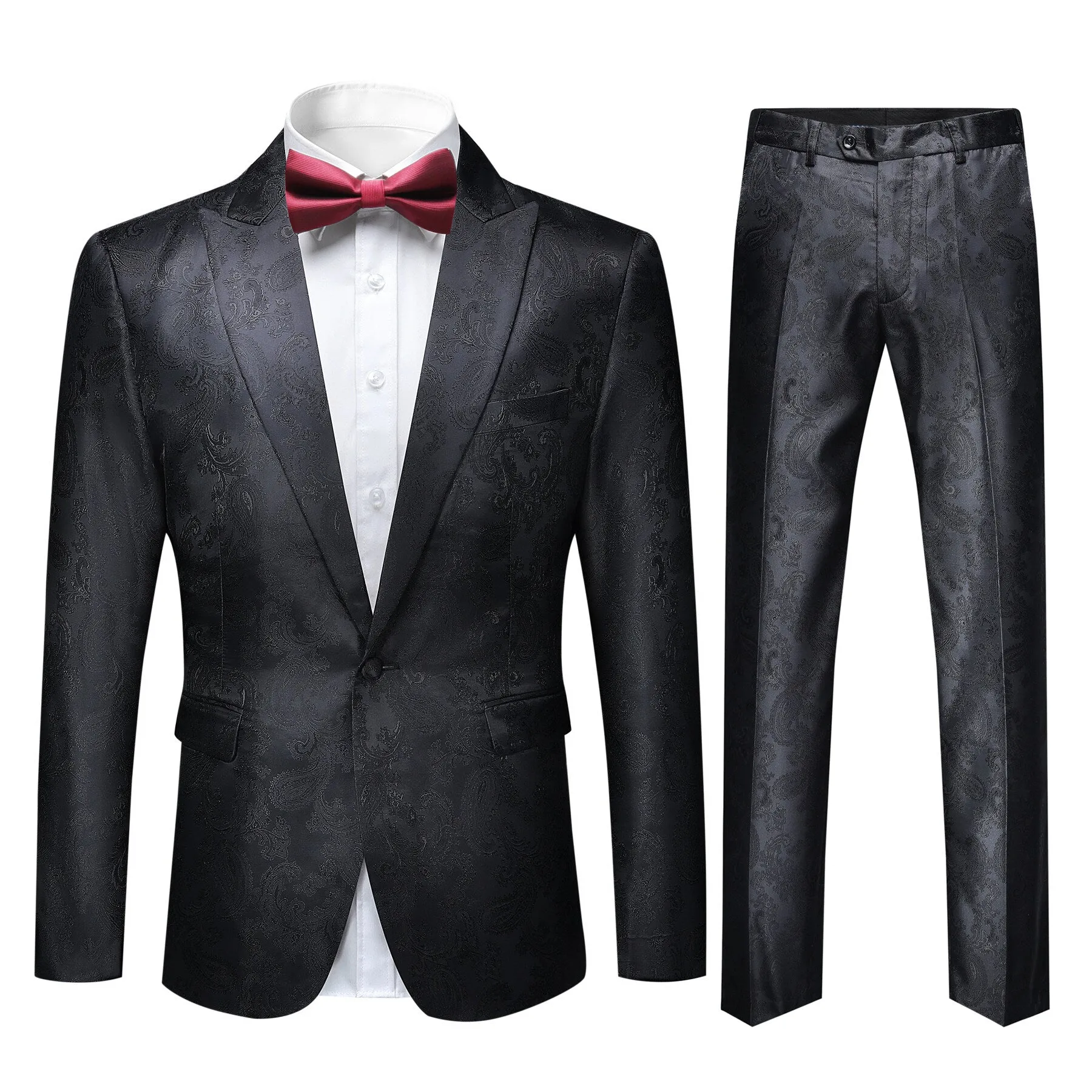 2-Piece Slim Fit Paisley Fashion Suit Black