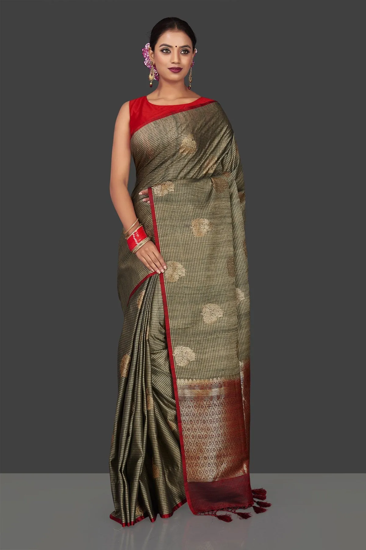 90J851 Grey Striped Borderless Tussar Banarasi Sari with Zari Buta