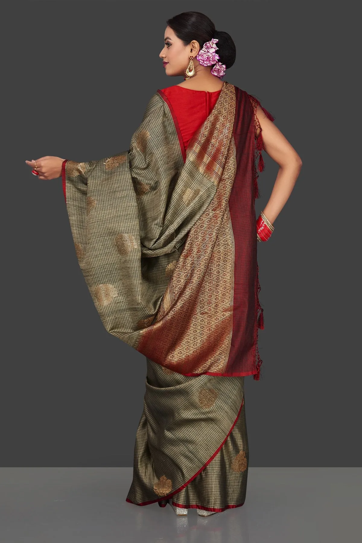 90J851 Grey Striped Borderless Tussar Banarasi Sari with Zari Buta