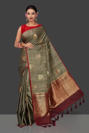 90J851 Grey Striped Borderless Tussar Banarasi Sari with Zari Buta