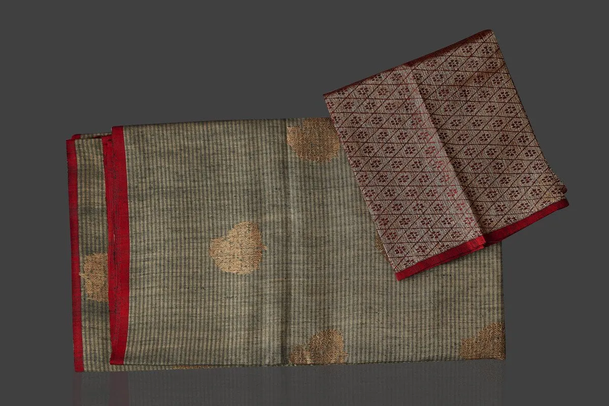 90J851 Grey Striped Borderless Tussar Banarasi Sari with Zari Buta