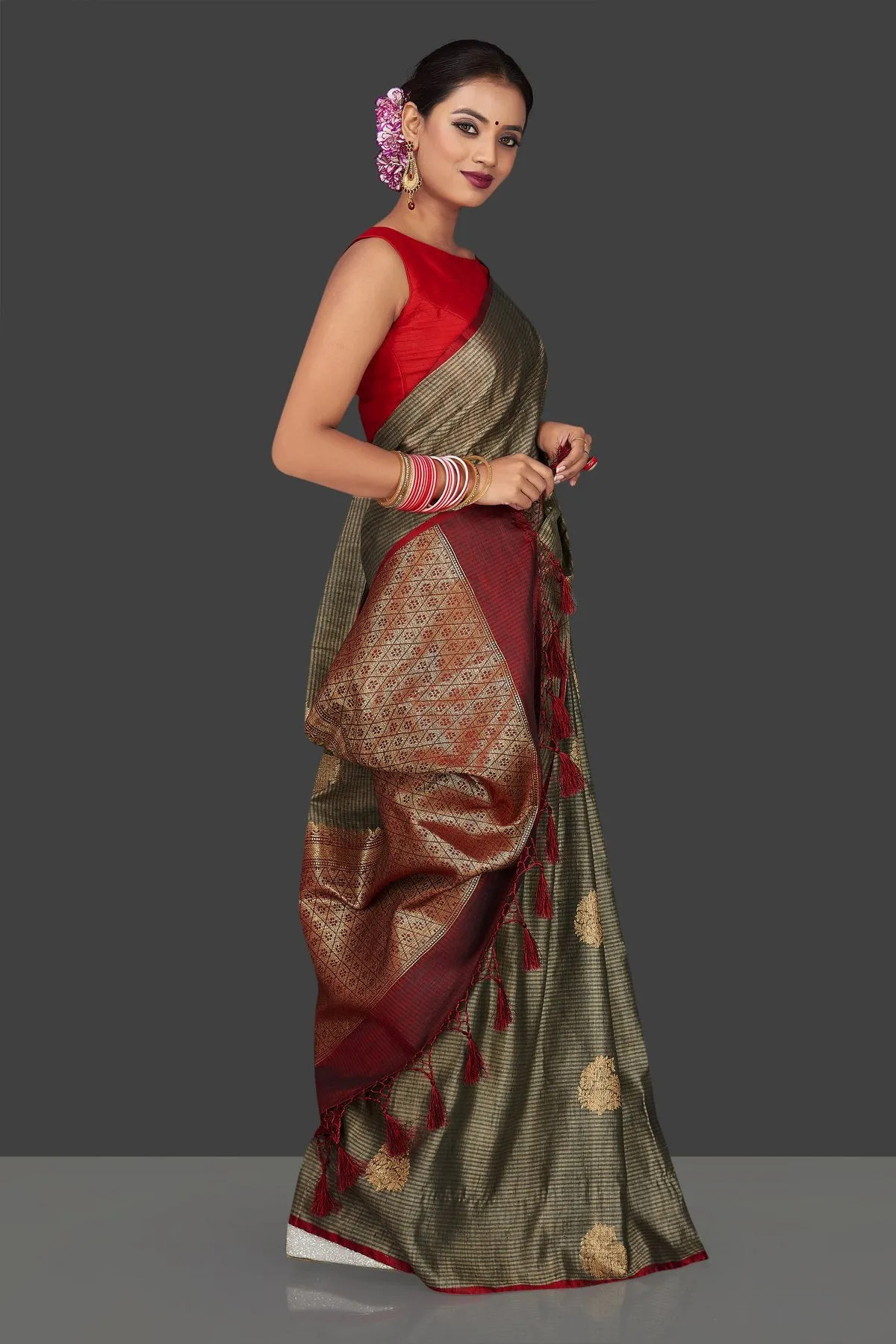 90J851 Grey Striped Borderless Tussar Banarasi Sari with Zari Buta