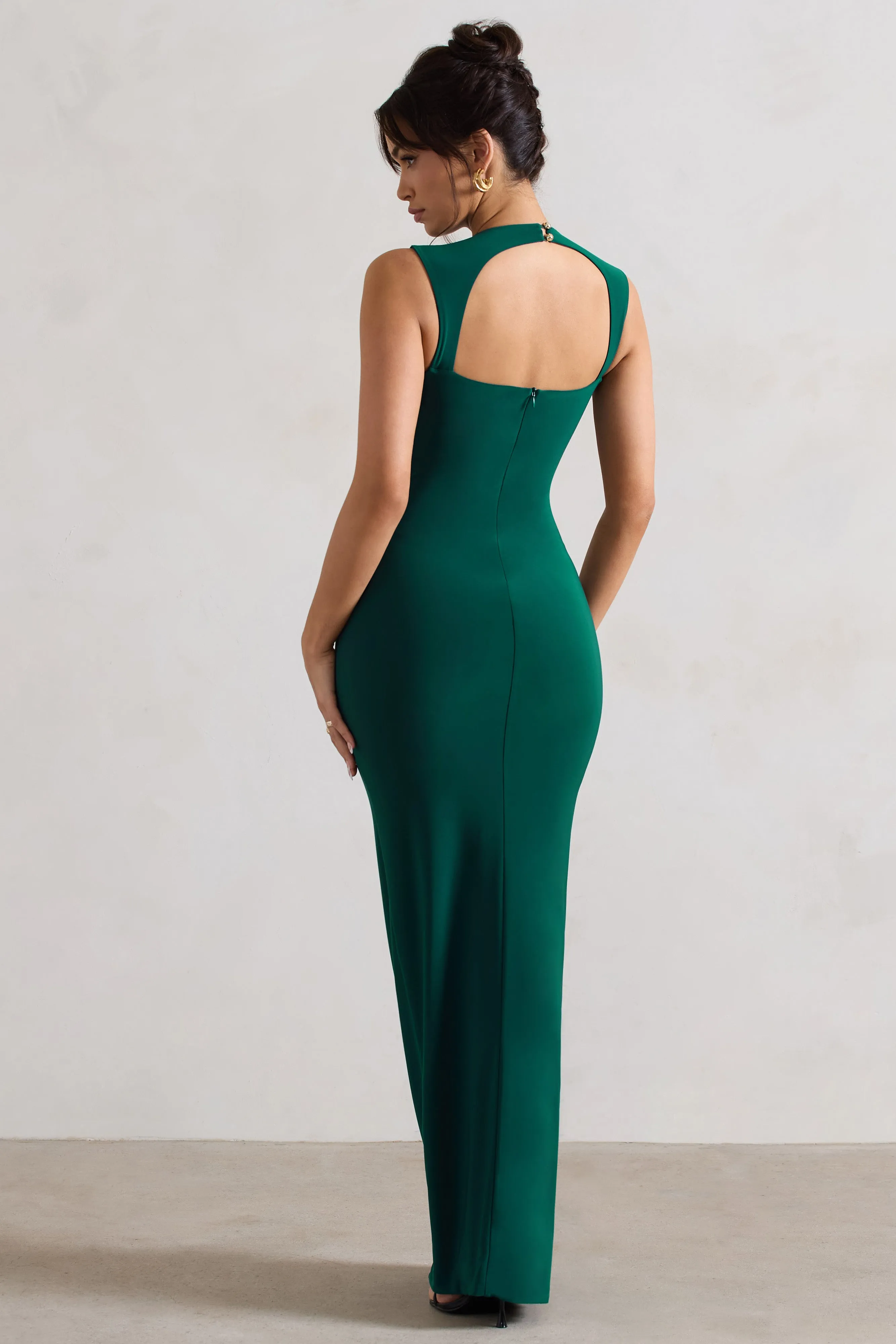 Alexa | Bottle Green High-Neck Gathered Maxi Dress With Drape