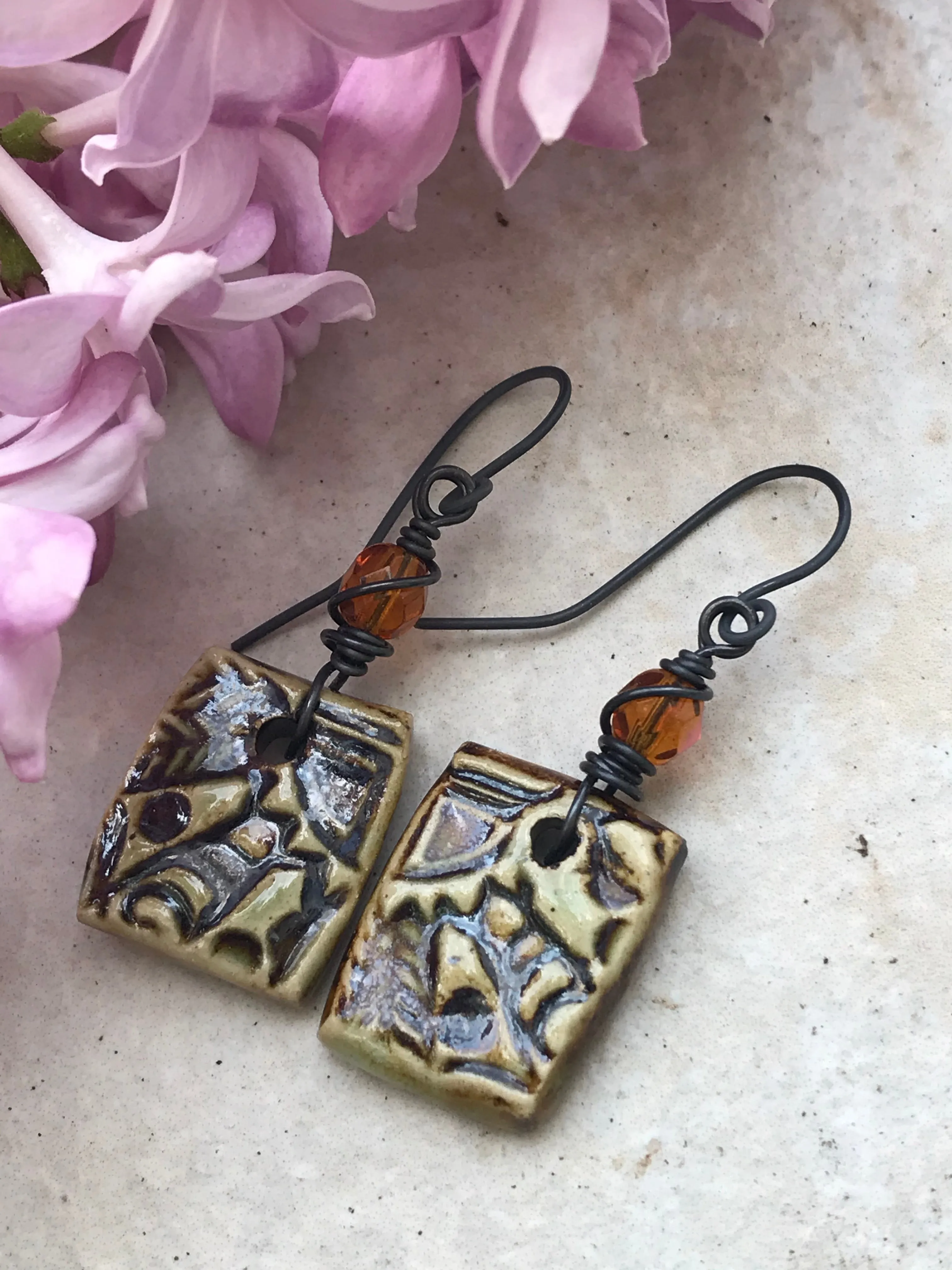 Autumn Rustic Clay Dangle Earrings, Handmade Earrings with Iridescent Czech Beads