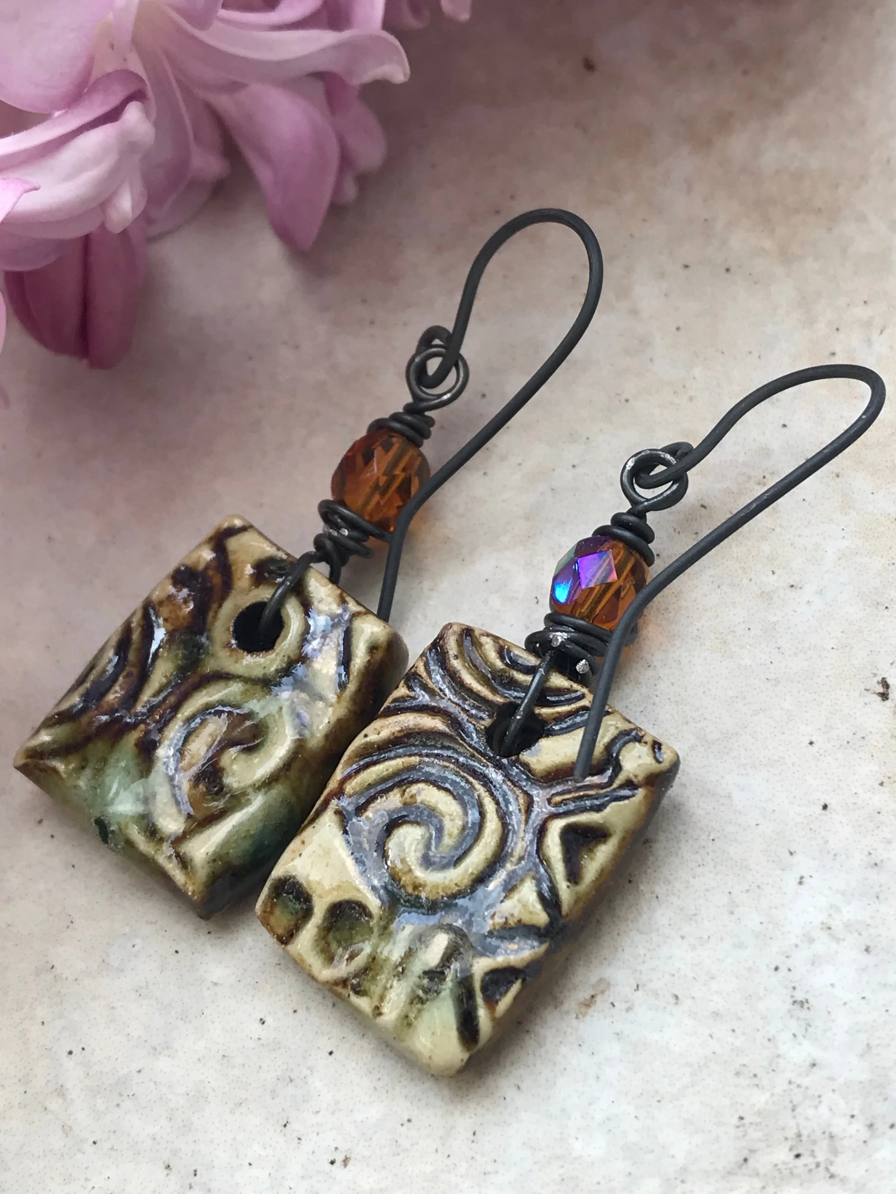 Autumn Rustic Clay Dangle Earrings, Handmade Earrings with Iridescent Czech Beads