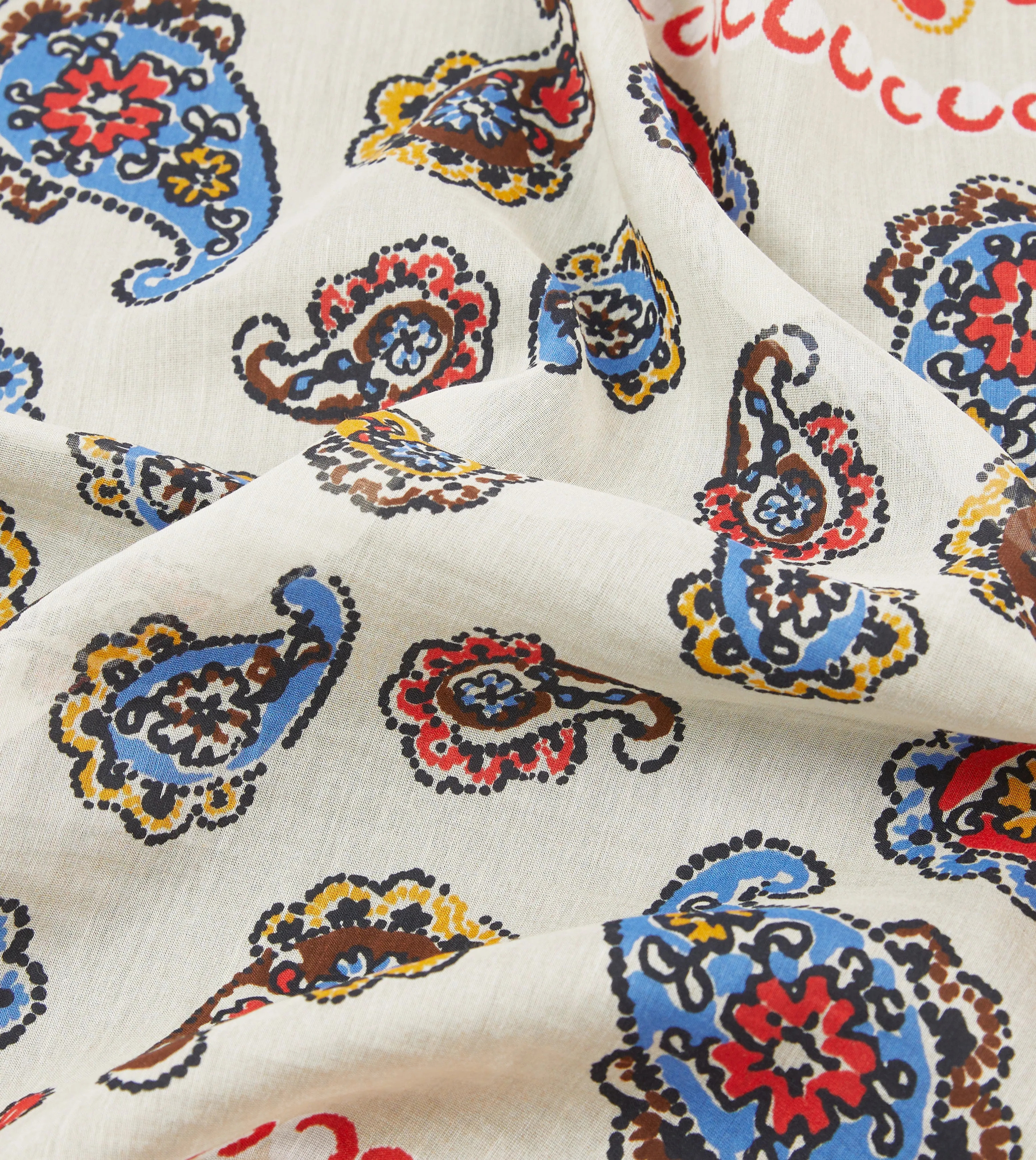 Beige and Red Summer Paisley Print Cotton-Silk Pocket Square