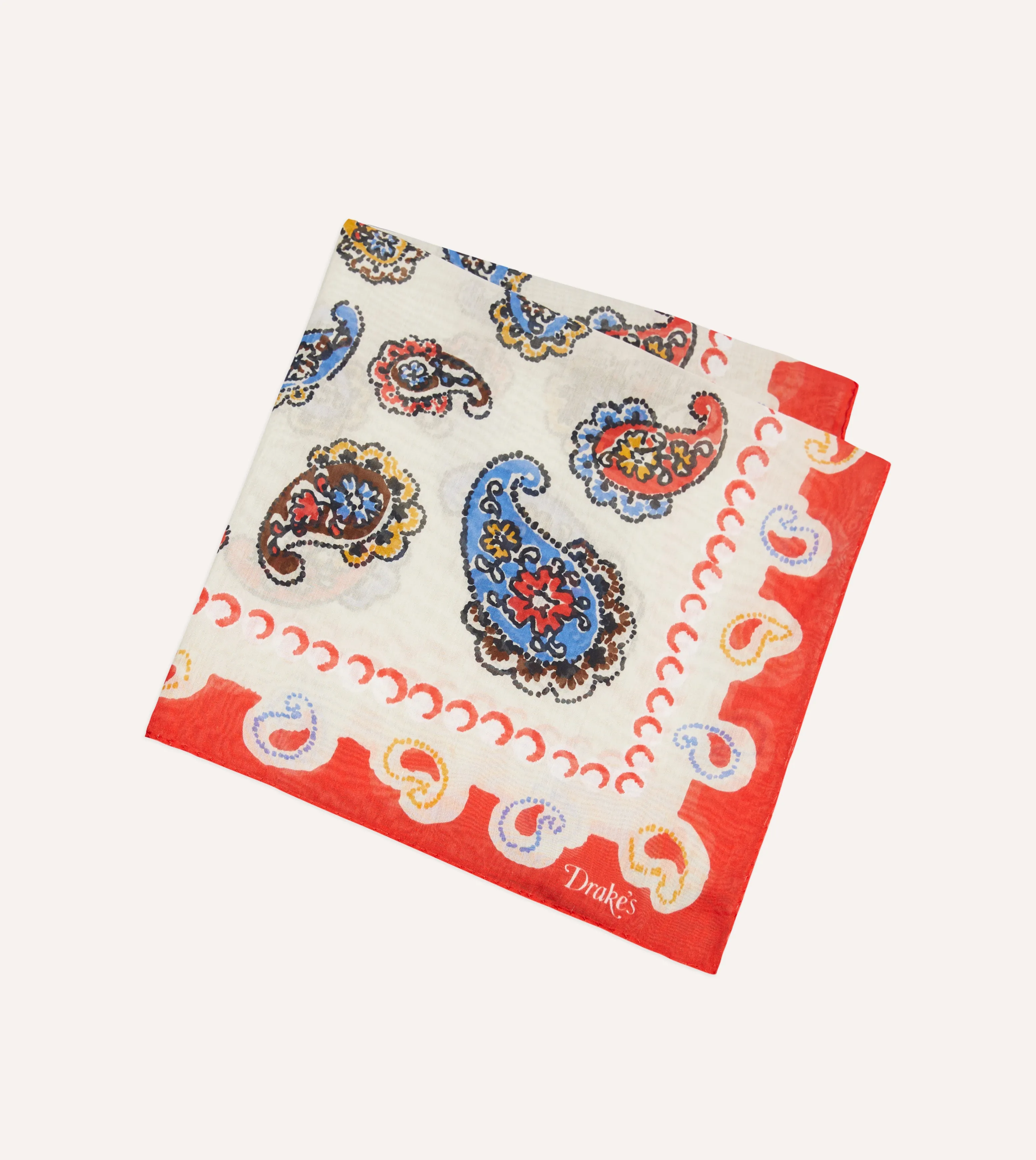 Beige and Red Summer Paisley Print Cotton-Silk Pocket Square