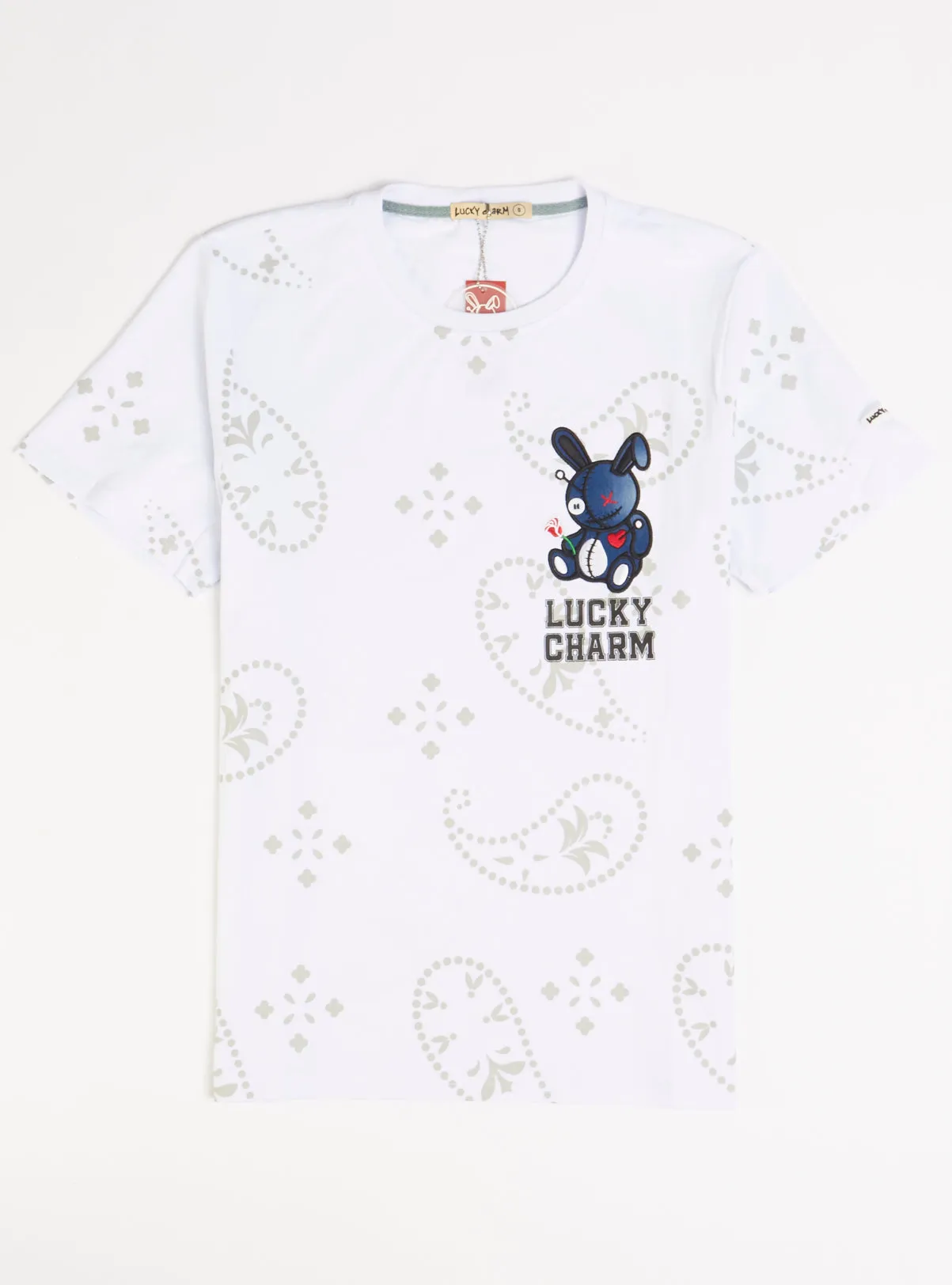 Bkys T-Shirt - Lucky Charm Paisley - White With Denim - T535