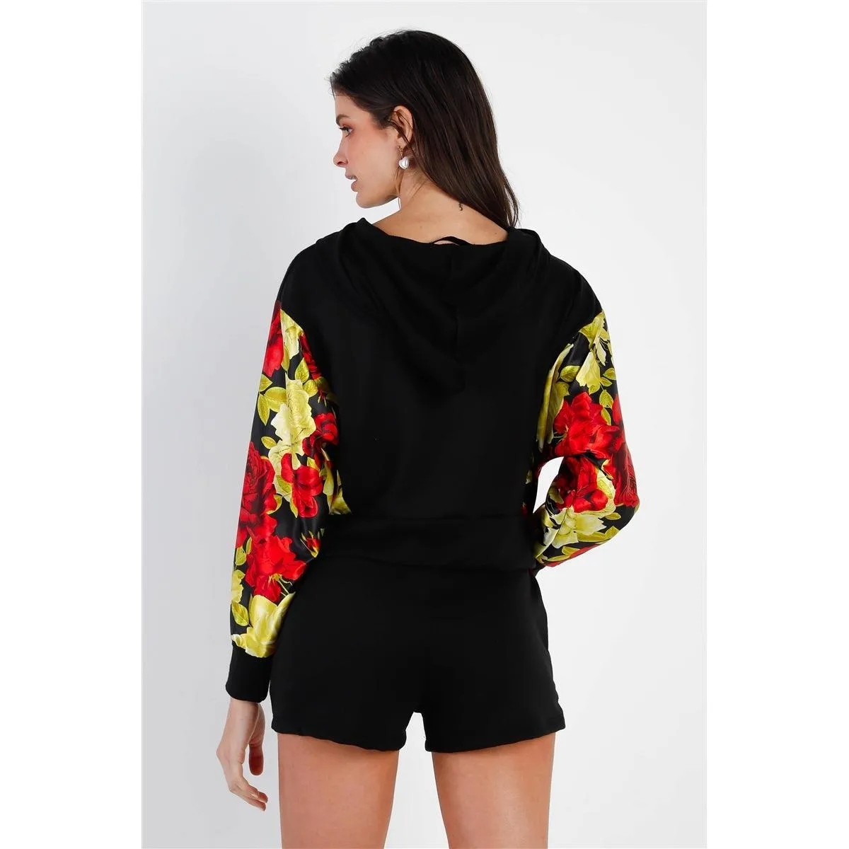 Black & Satin Effect Red & Lime Floral Print Hooded Top & Short Set