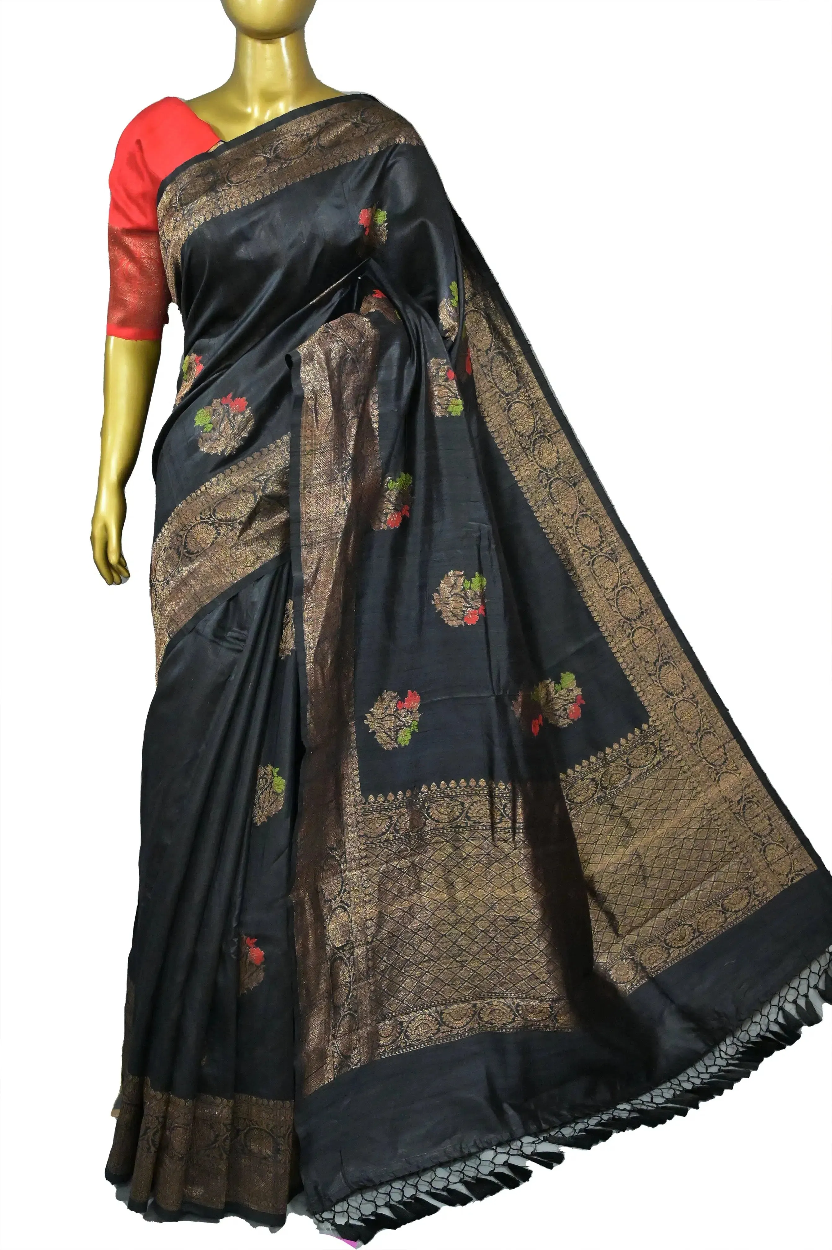 Black Color Pure Raw Silk Banarasi Saree with Meenakari Butta and Antique Zari Border