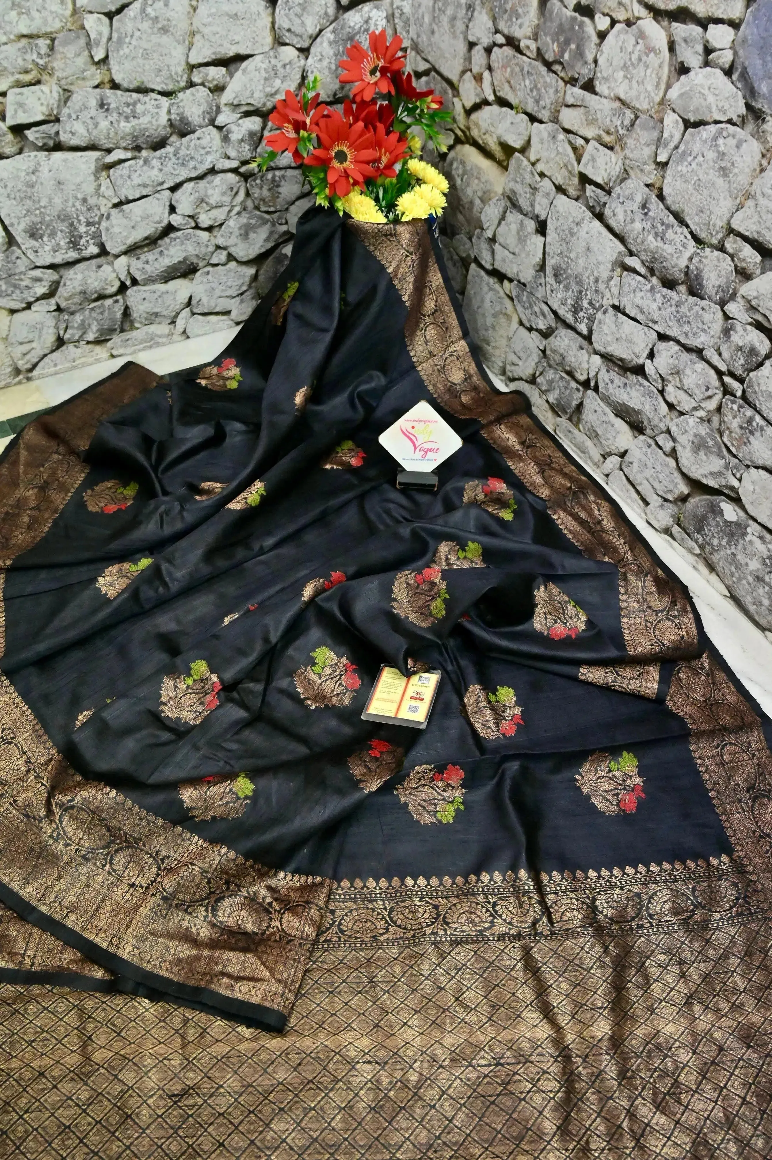 Black Color Pure Raw Silk Banarasi Saree with Meenakari Butta and Antique Zari Border