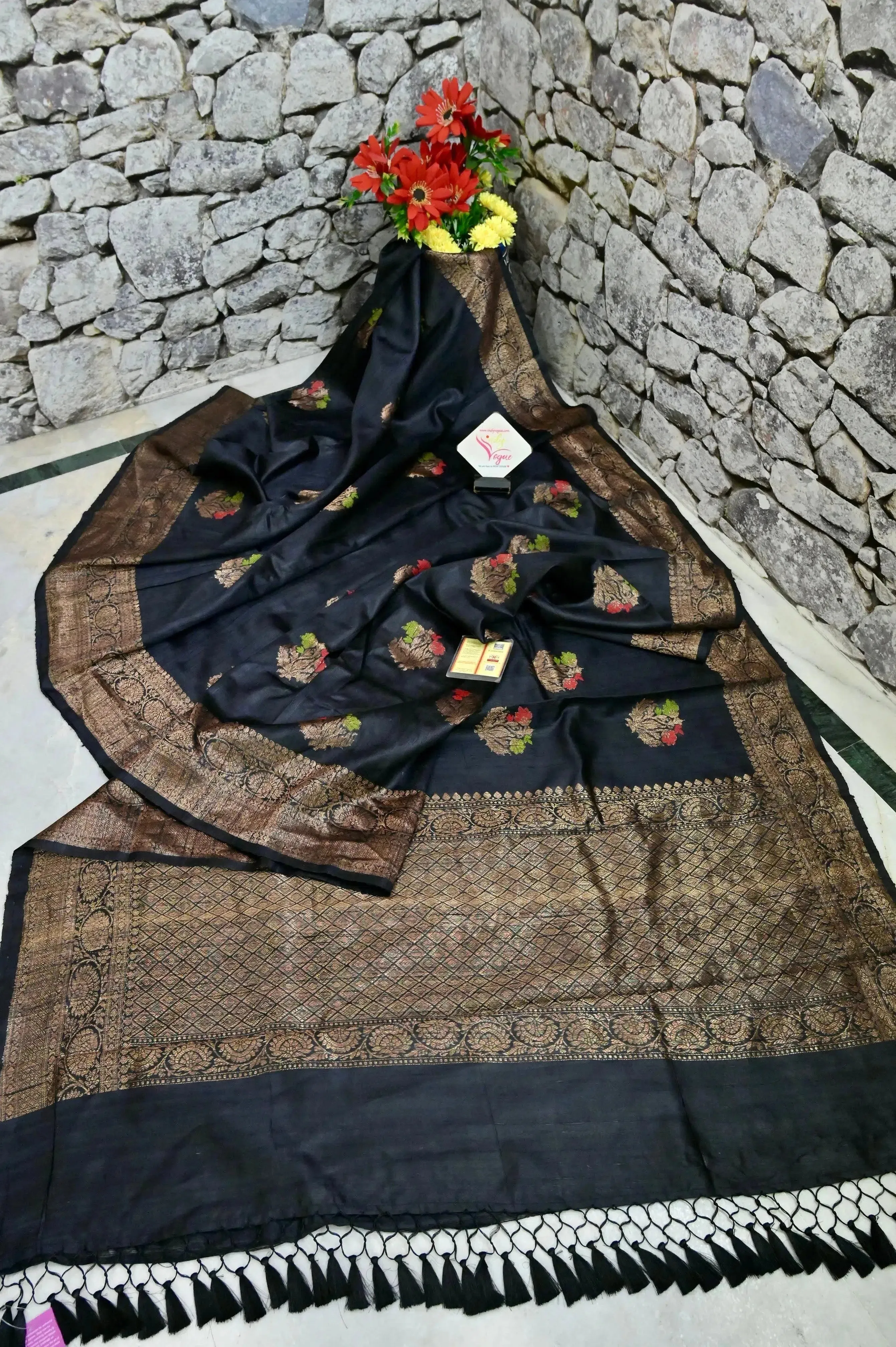 Black Color Pure Raw Silk Banarasi Saree with Meenakari Butta and Antique Zari Border