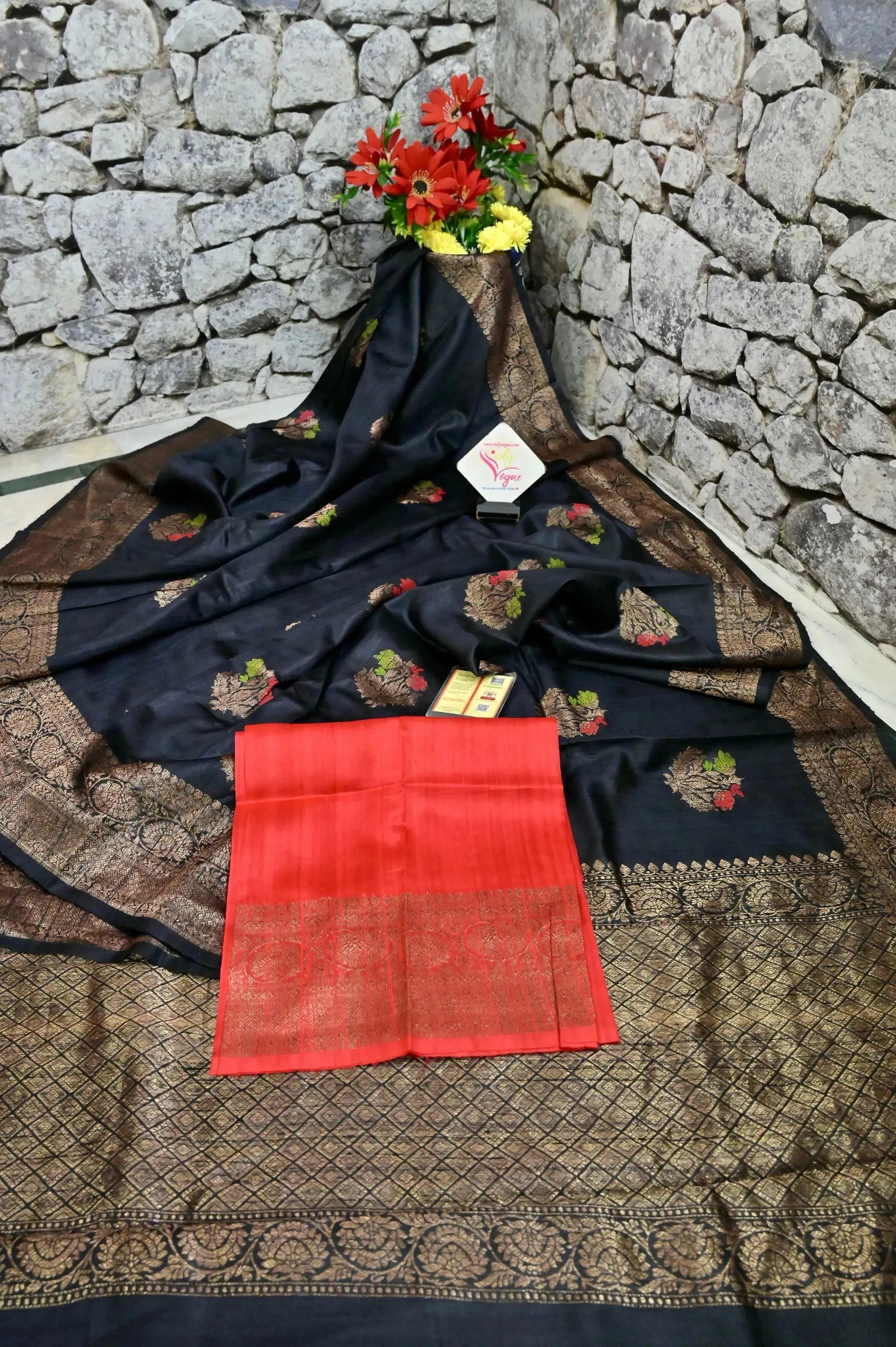 Black Color Pure Raw Silk Banarasi Saree with Meenakari Butta and Antique Zari Border