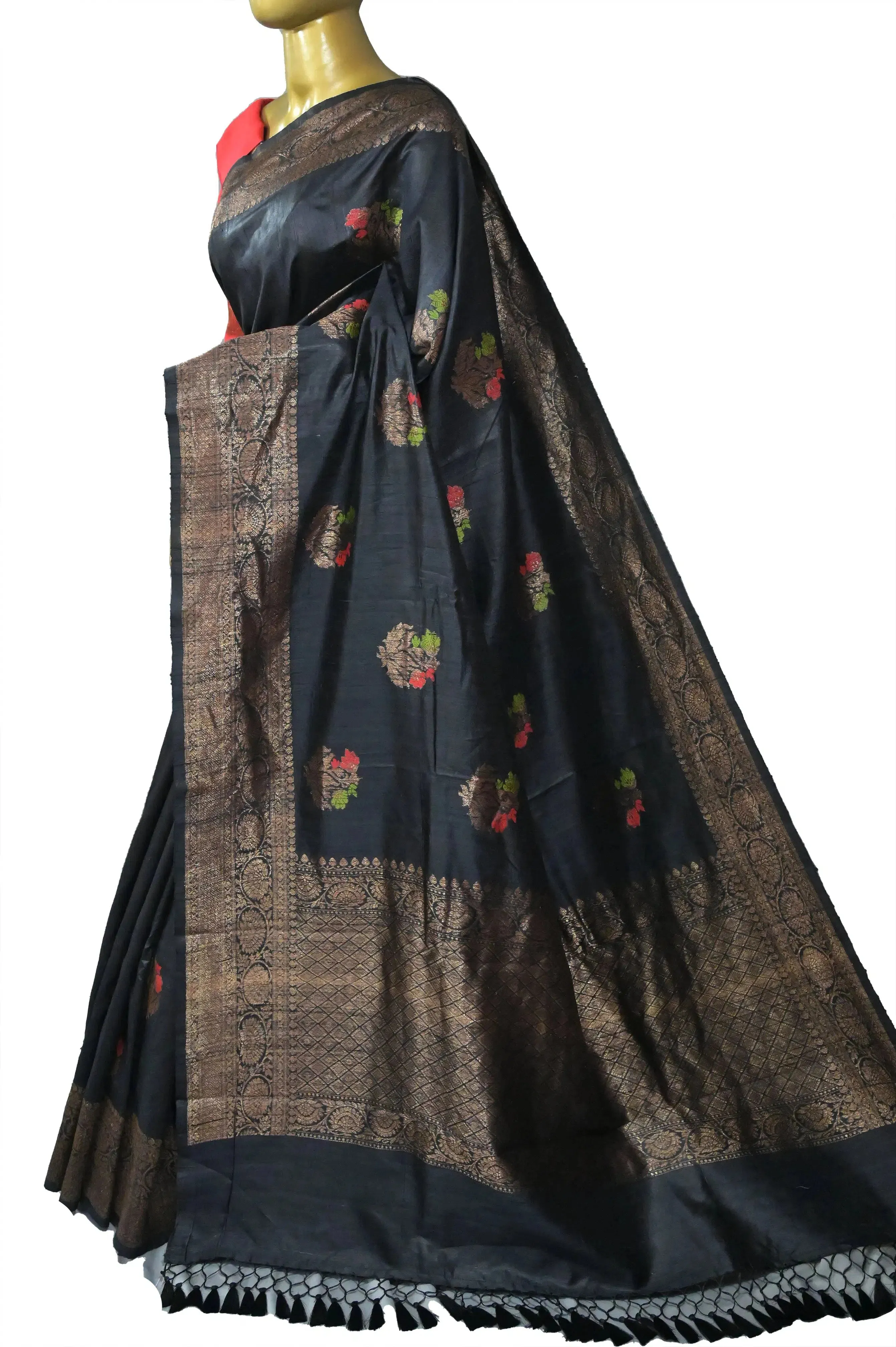 Black Color Pure Raw Silk Banarasi Saree with Meenakari Butta and Antique Zari Border