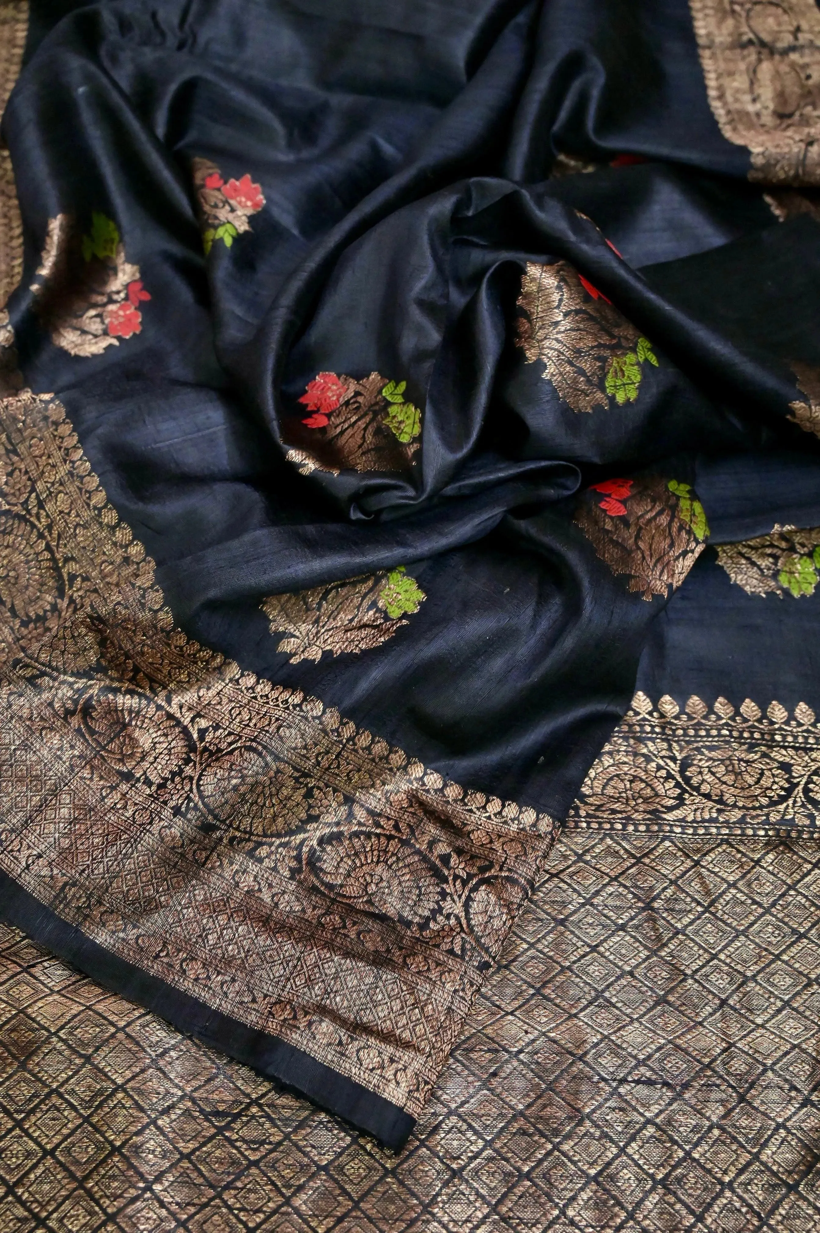 Black Color Pure Raw Silk Banarasi Saree with Meenakari Butta and Antique Zari Border