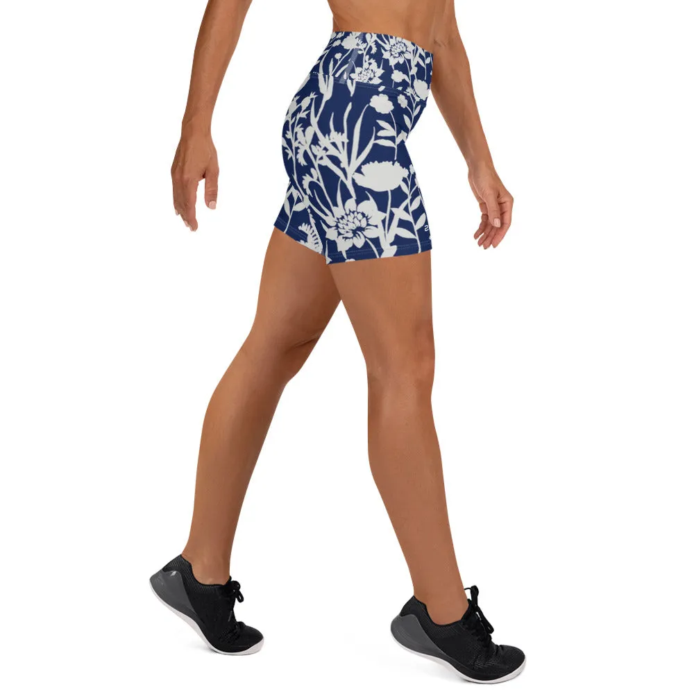 Blue and White Flower Garden High Waist Yoga Shorts