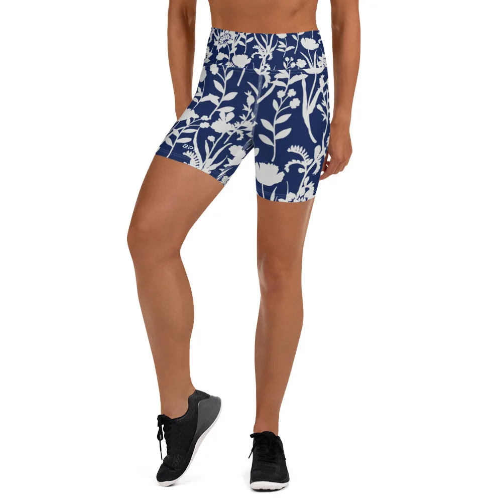 Blue and White Flower Garden High Waist Yoga Shorts