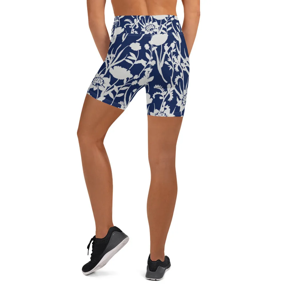 Blue and White Flower Garden High Waist Yoga Shorts