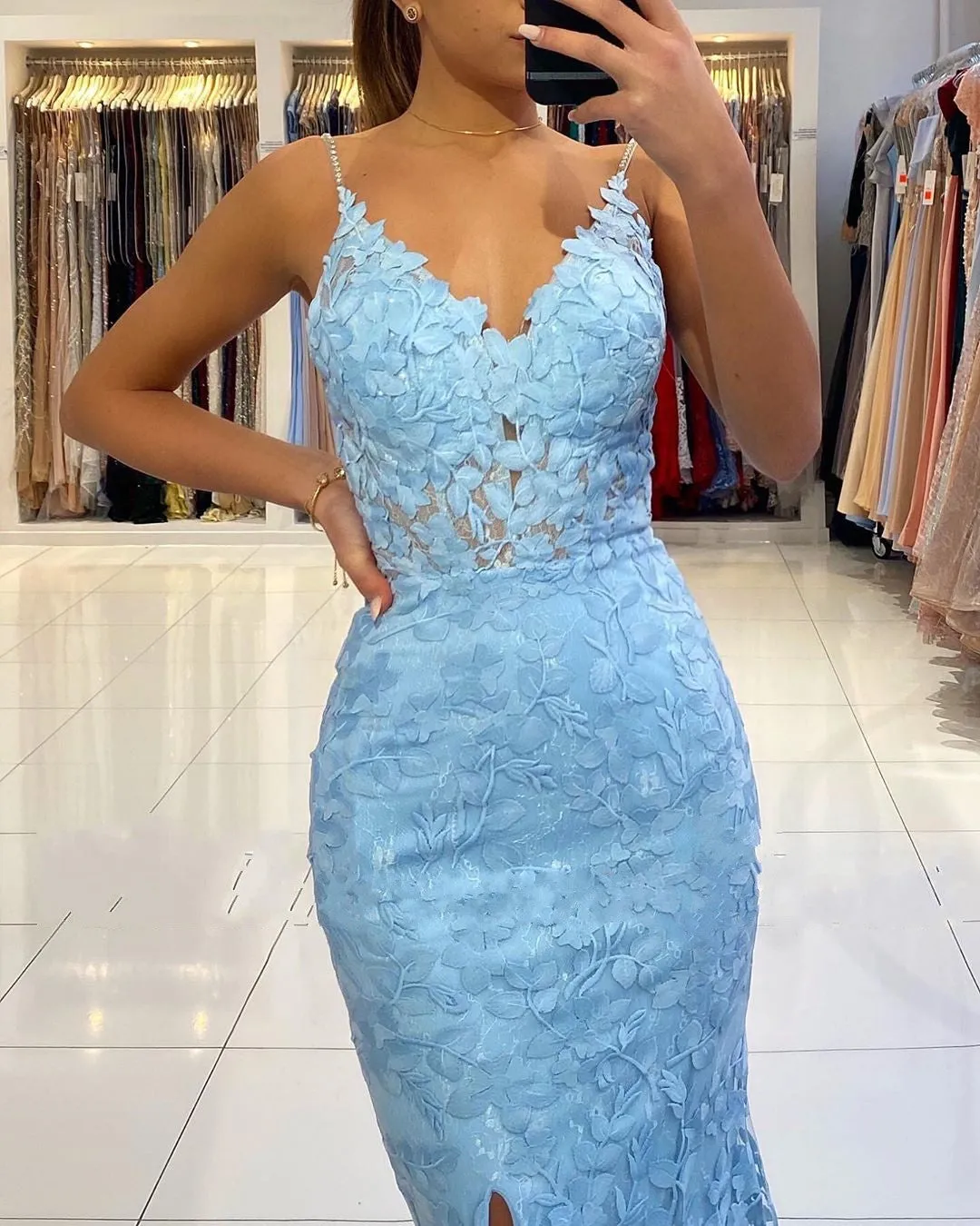 Blue Long V-neck Open Back Lace Mermaid Prom Dress with slit