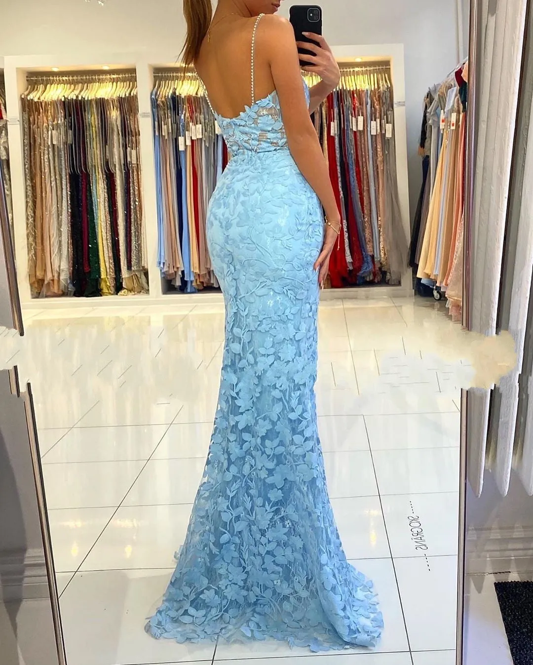 Blue Long V-neck Open Back Lace Mermaid Prom Dress with slit