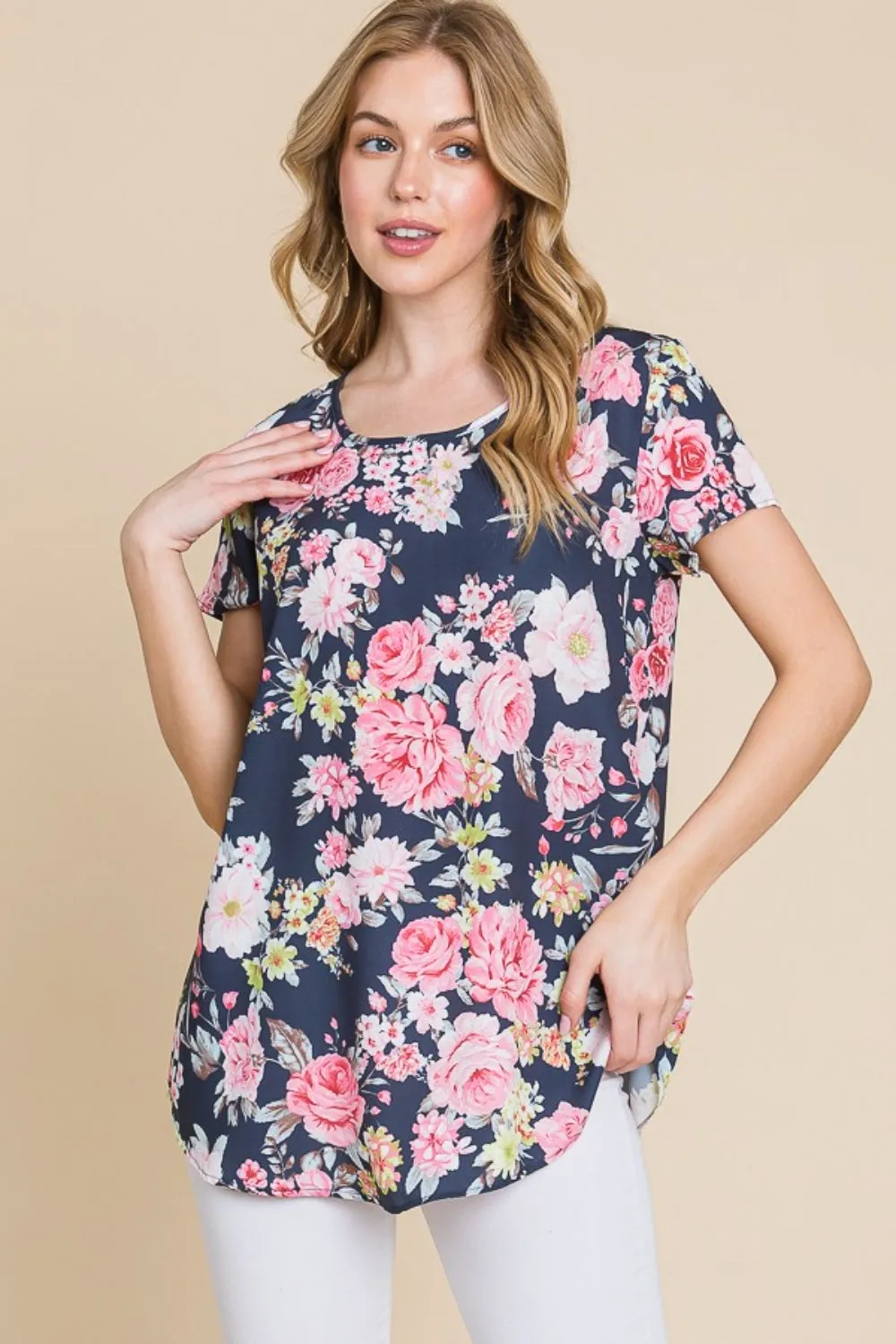 BOMBOM Floral T-Shirt for Women - Elegant Round Neck, Short Sleeve Top, Perfect for Summer & Casual Wear, Available in Multiple Sizes