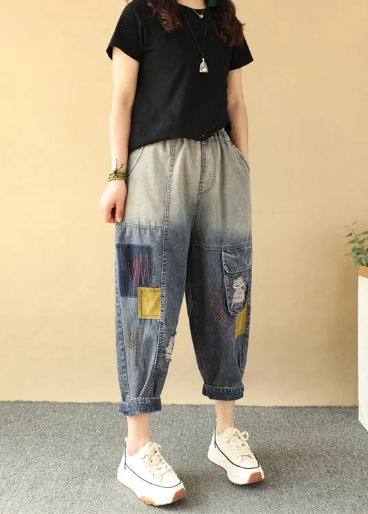 Casual Loose Gradient Color Elastic Waist Ripped Jeans Summer QQ1009