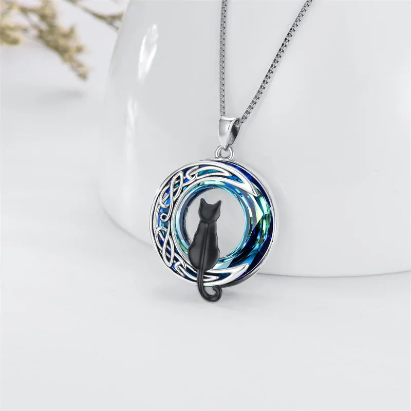 Cat Necklace Sterling Silver Cat on the Moon Pendant Necklace with Blue Circle Crystal Birthday Celtic Jewelry