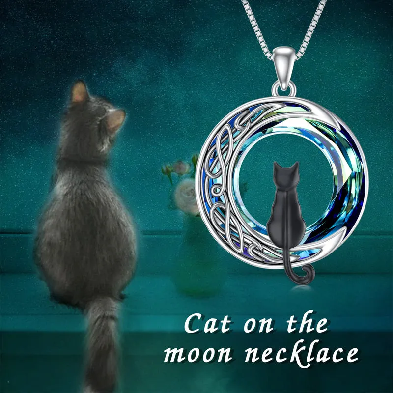 Cat Necklace Sterling Silver Cat on the Moon Pendant Necklace with Blue Circle Crystal Birthday Celtic Jewelry