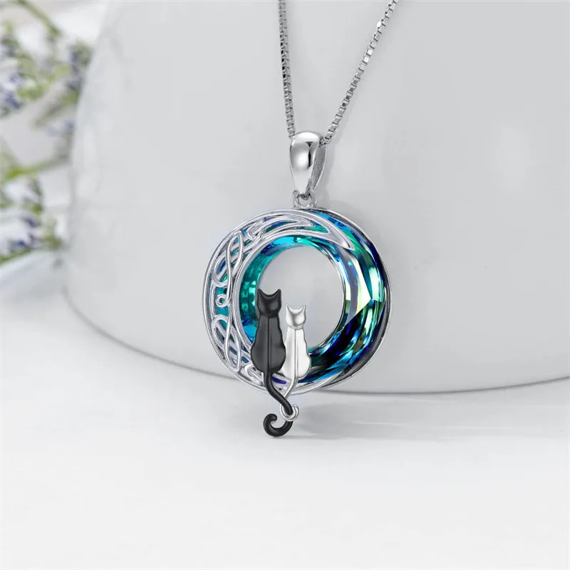 Cat Necklace Sterling Silver Cat on the Moon Pendant Necklace with Blue Circle Crystal Birthday Celtic Jewelry