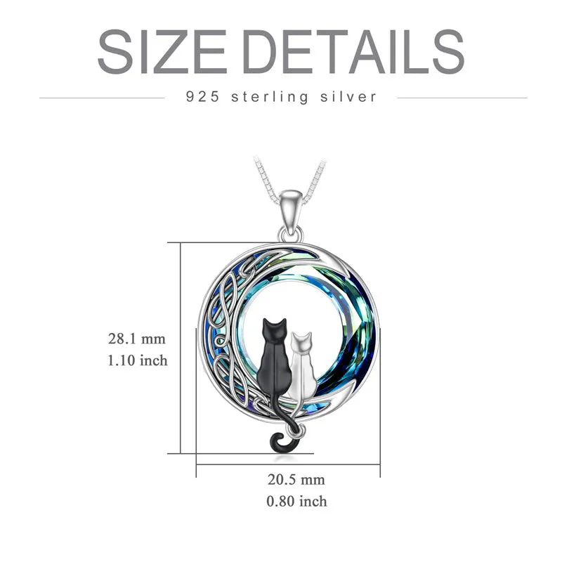 Cat Necklace Sterling Silver Cat on the Moon Pendant Necklace with Blue Circle Crystal Birthday Celtic Jewelry