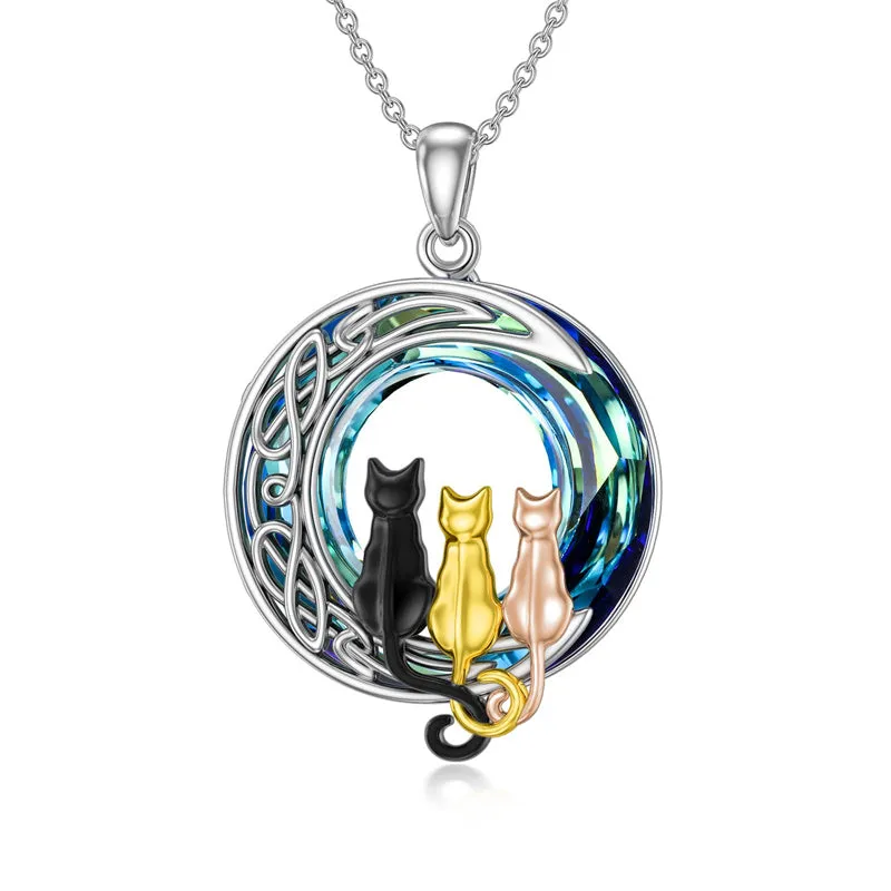 Cat Necklace Sterling Silver Cat on the Moon Pendant Necklace with Blue Circle Crystal Birthday Celtic Jewelry