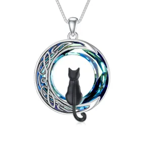 Cat Necklace Sterling Silver Cat on the Moon Pendant Necklace with Blue Circle Crystal Birthday Celtic Jewelry