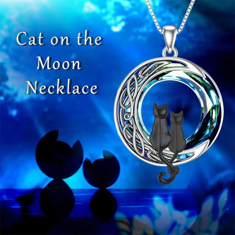 Cat Necklace Sterling Silver Cat on the Moon Pendant Necklace with Blue Circle Crystal Birthday Celtic Jewelry