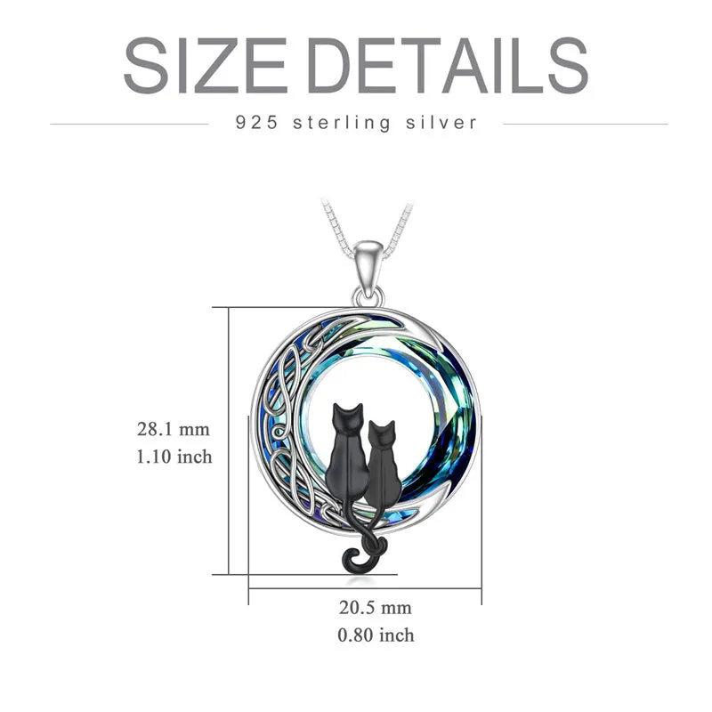 Cat Necklace Sterling Silver Cat on the Moon Pendant Necklace with Blue Circle Crystal Birthday Celtic Jewelry