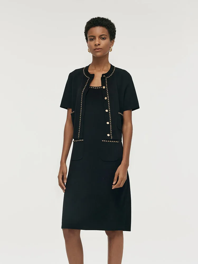 Chain Trim Knitted Jacket And Vest Dress Two-Piece Set