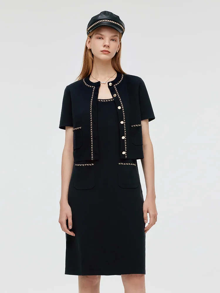 Chain Trim Knitted Jacket And Vest Dress Two-Piece Set