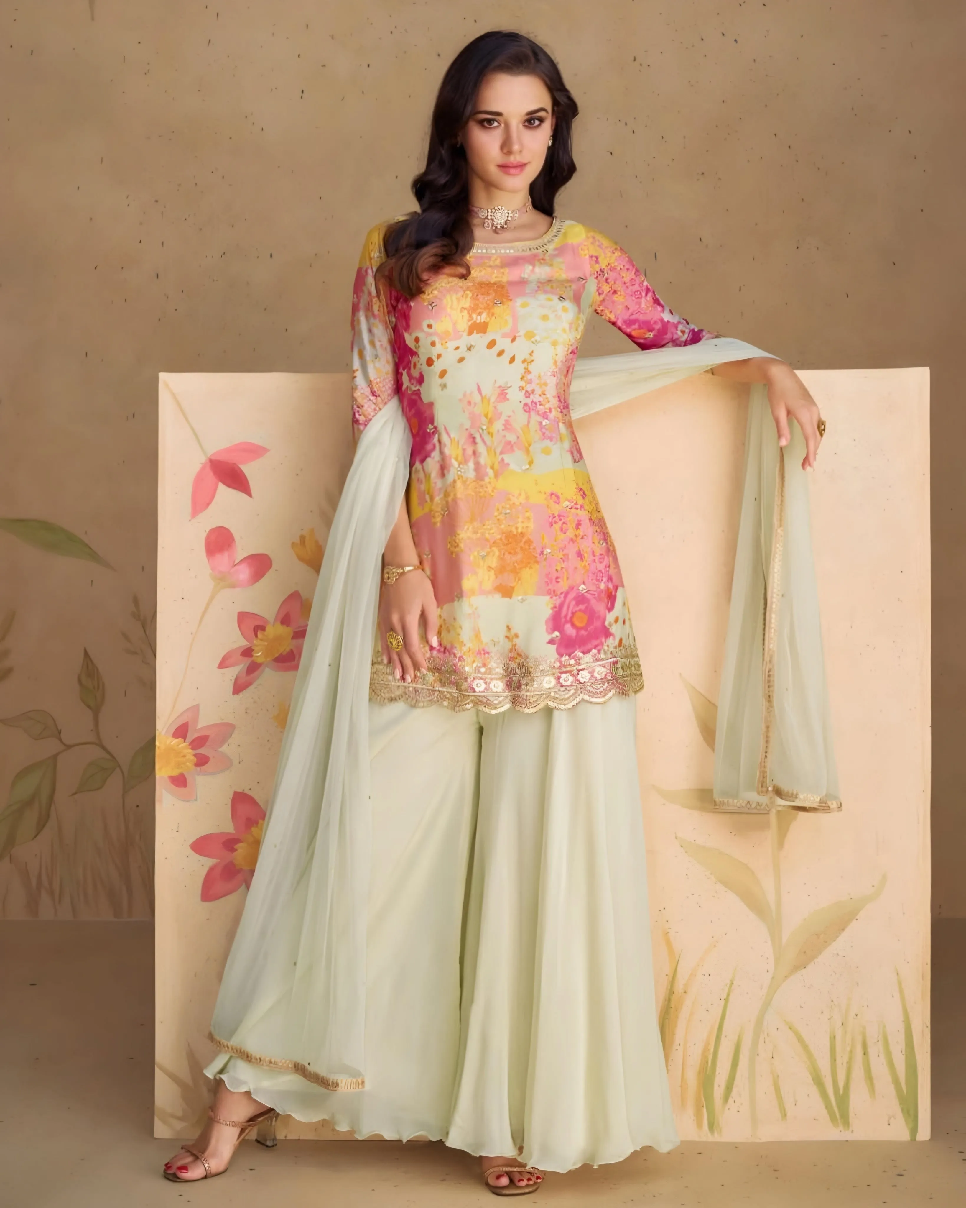 Chinon Silk Printed Floral Salwar  Suit White