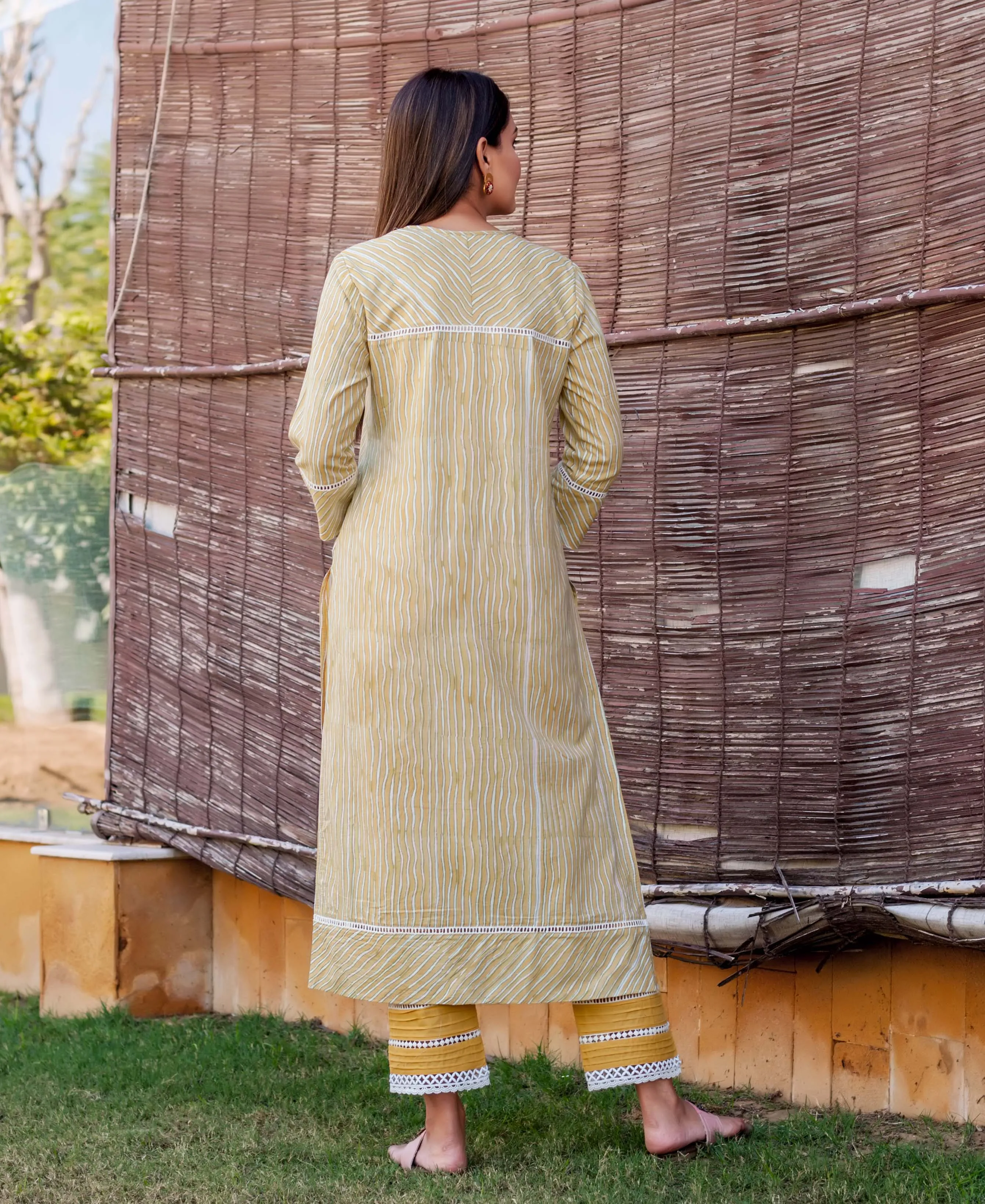 Corn Yellow Striped Printed Kurta