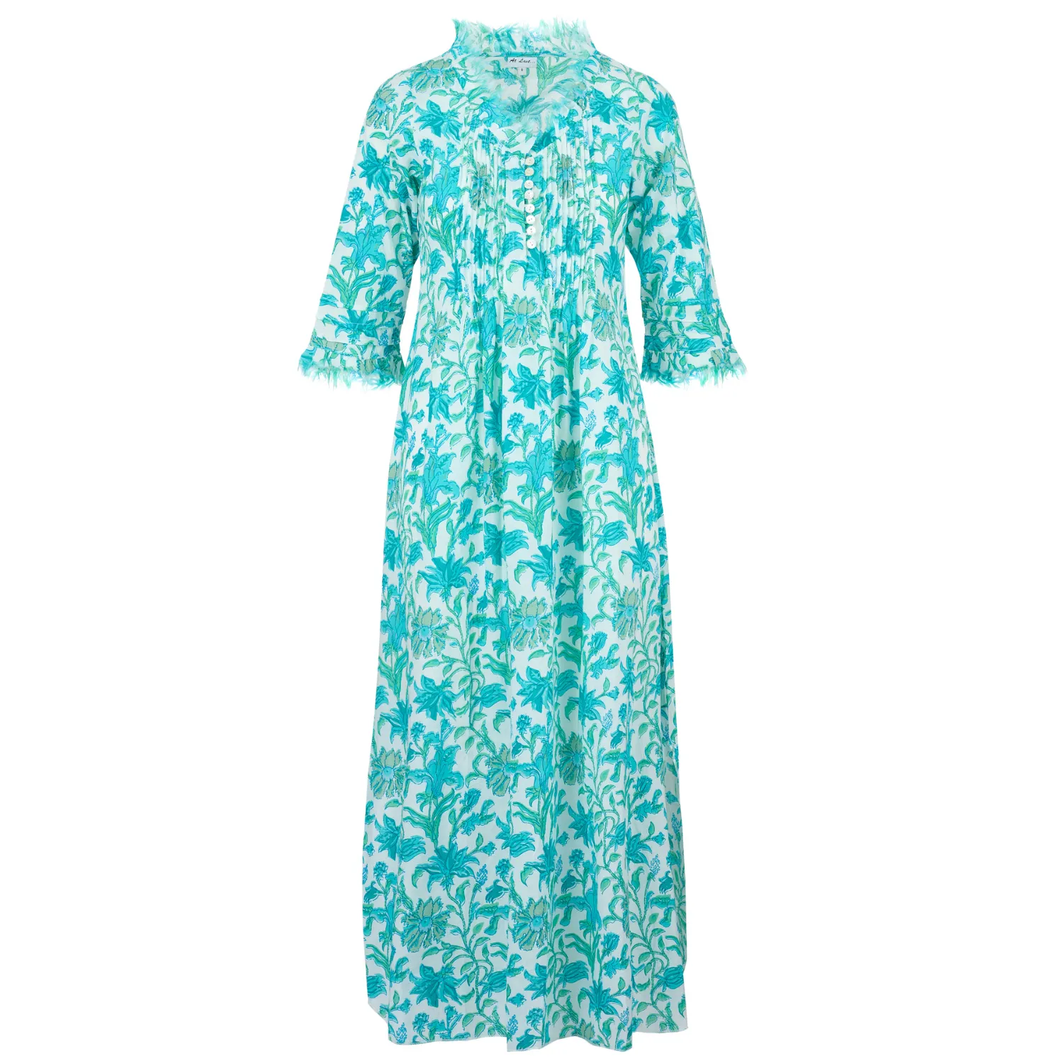 Cotton Annabel Maxi Dress in White with Turquoise Flower