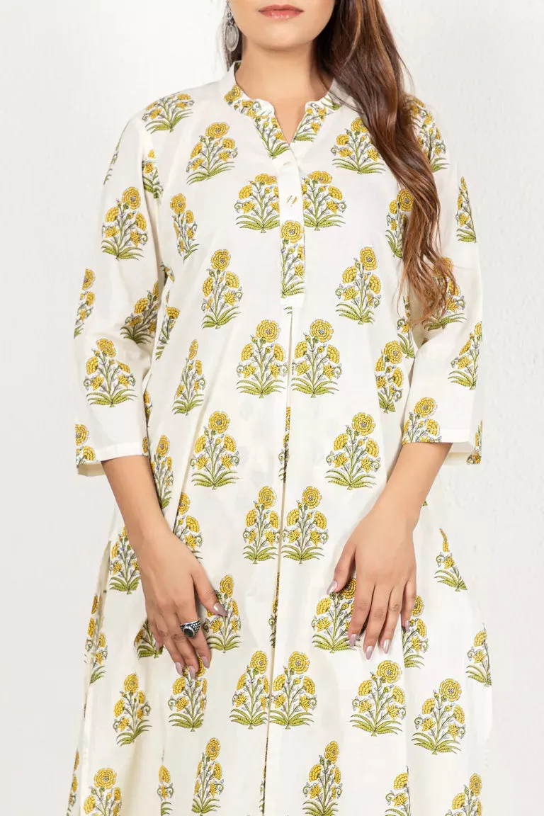 Cream & Green Cotton Printed Kurta With Pants Set