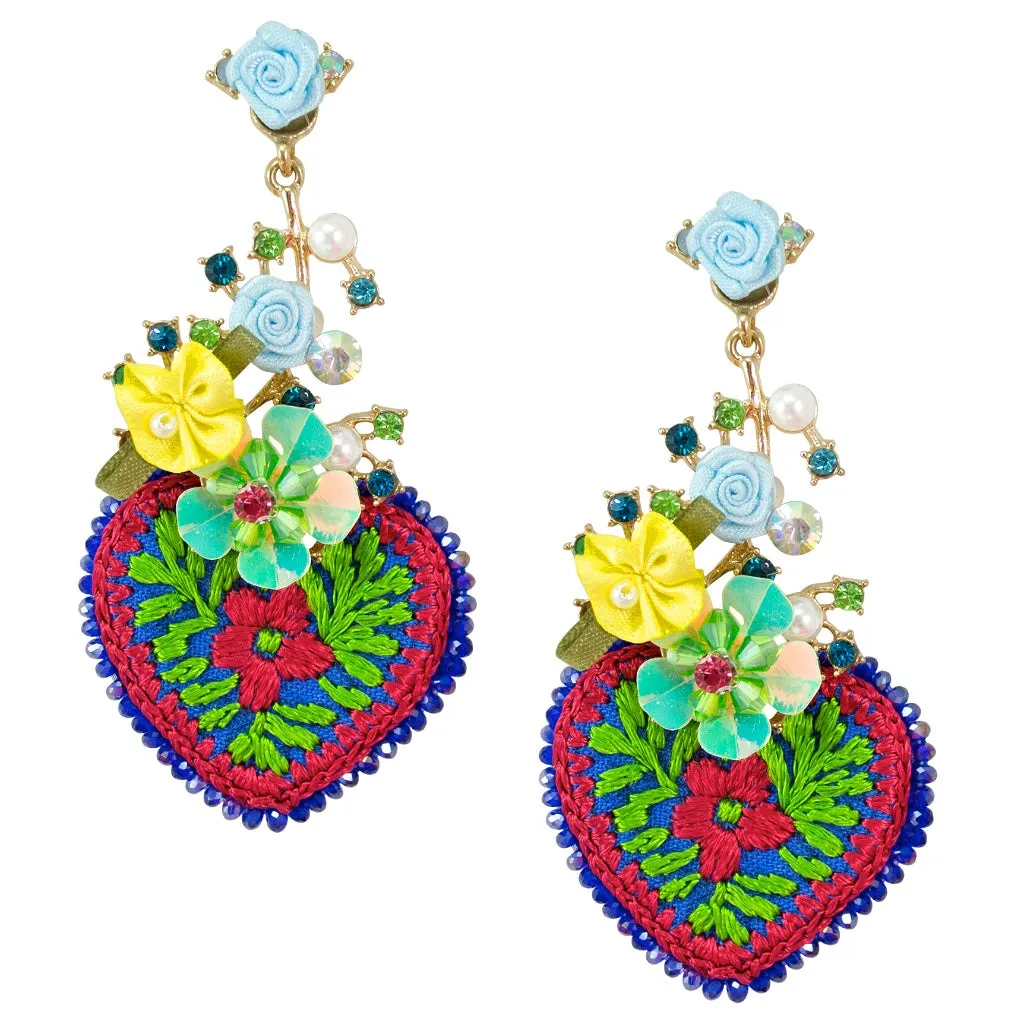 Crystal and Floral Embellished Embroidered Heart Earrings