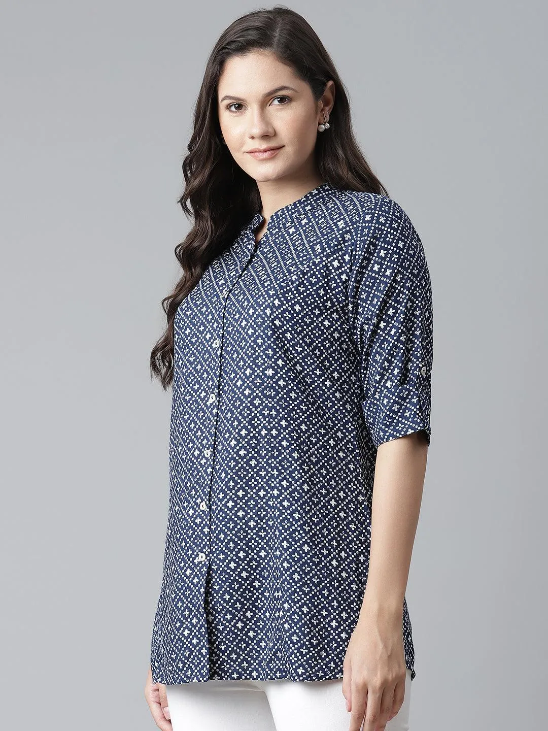 Divena Blue Rayon Printed Shirt Style Top