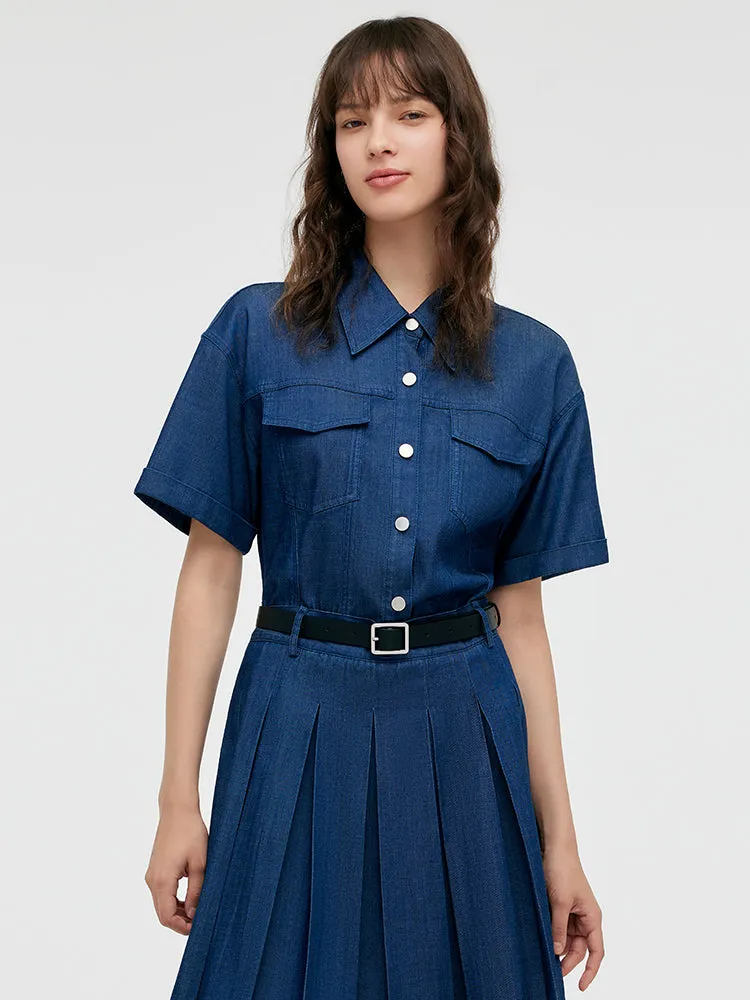 Double-Layer Denim Women Mini Dress With Belt