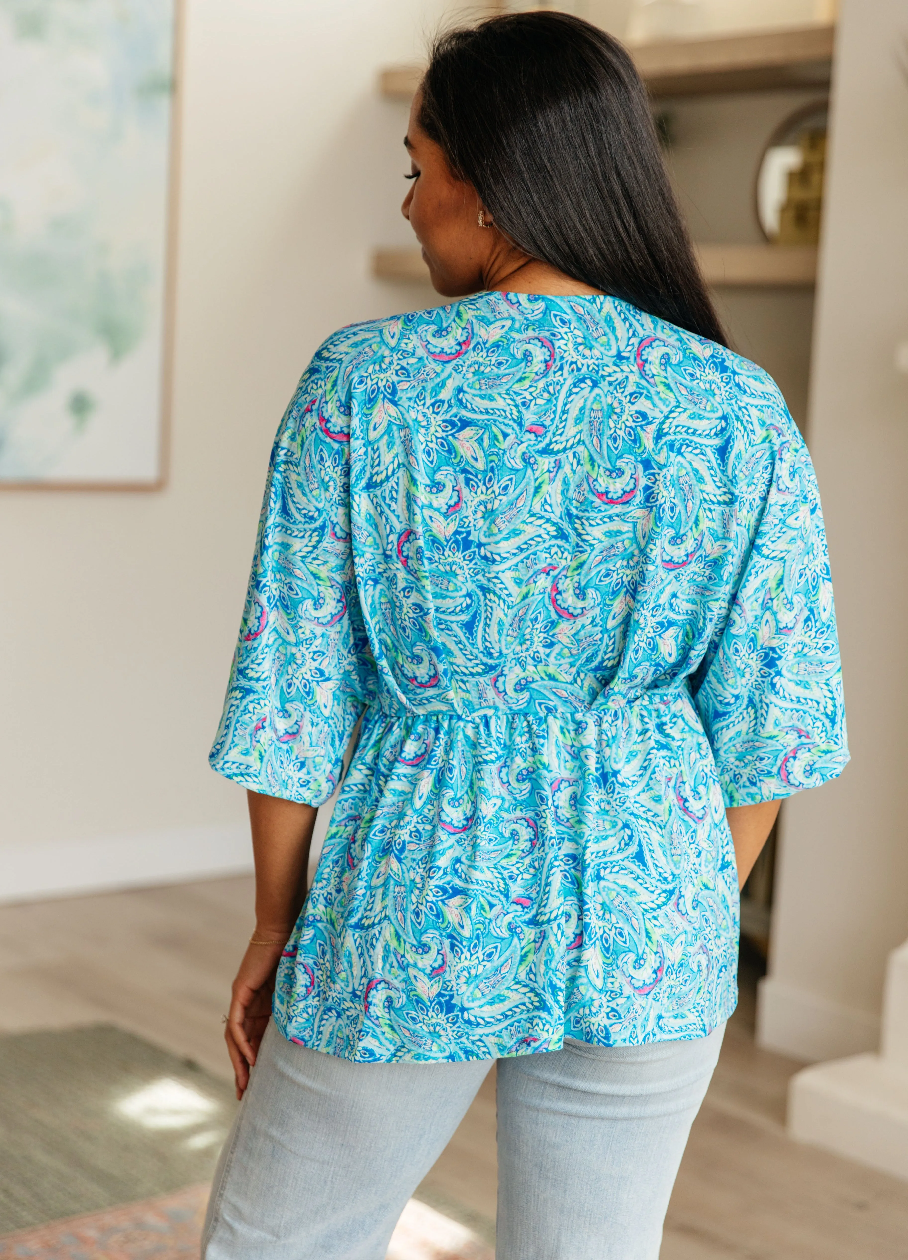 Dreamer Peplum Top in Blue and Teal Paisley - 4/26