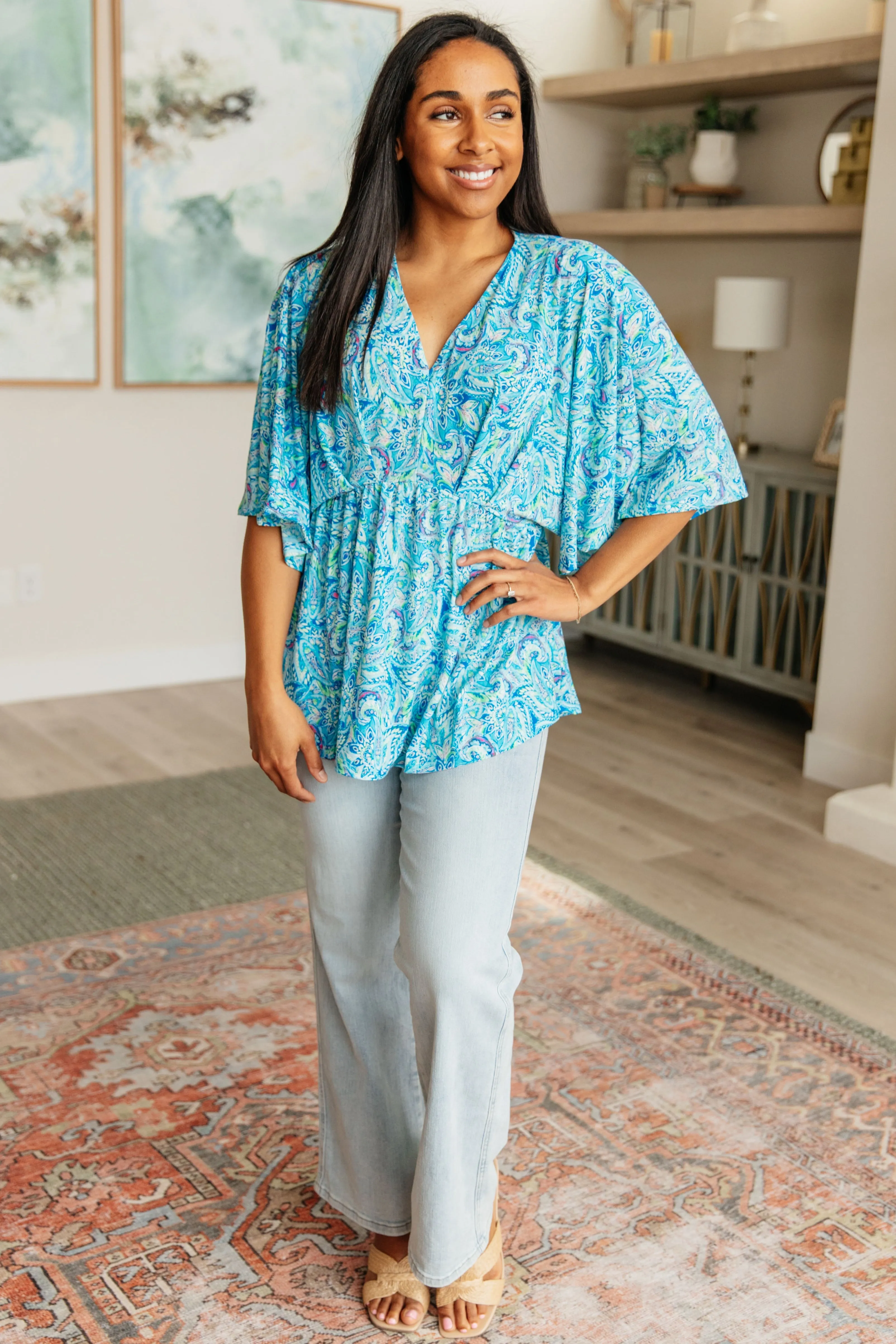 Dreamer Peplum Top in Blue and Teal Paisley - 4/26