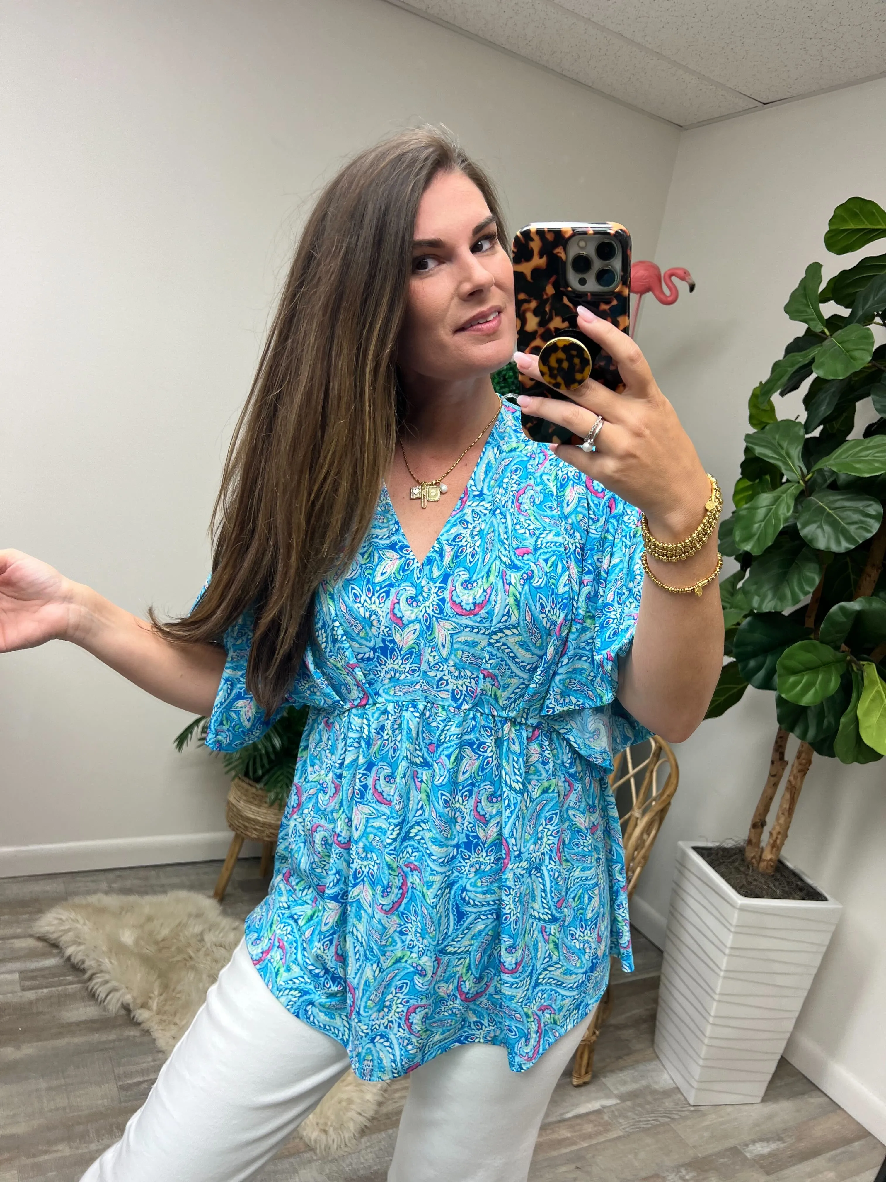 Dreamer Peplum Top in Blue and Teal Paisley - 4/26