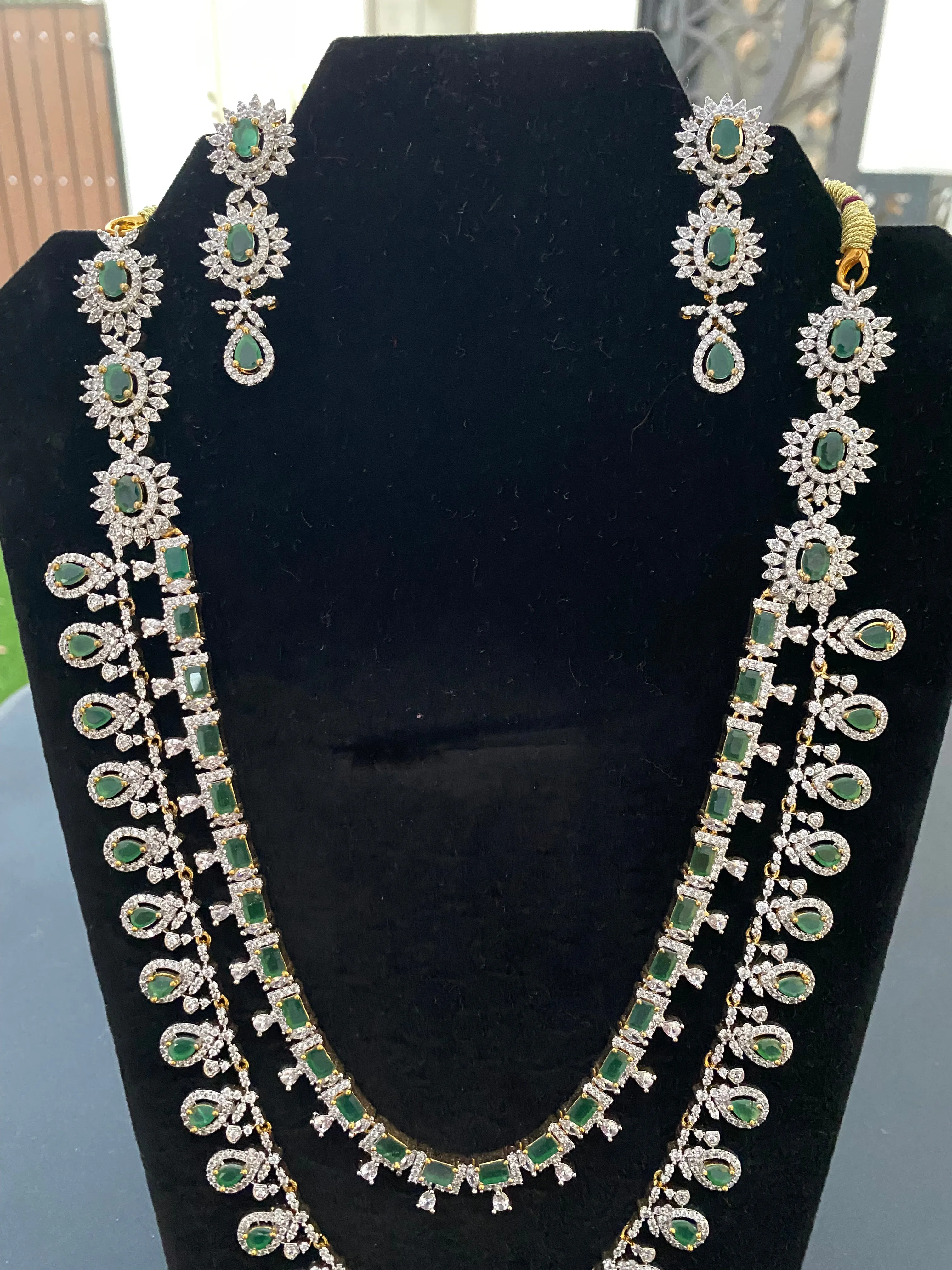 Elegant Green Stoned Two Layer American Diamonds Necklace With Earrings