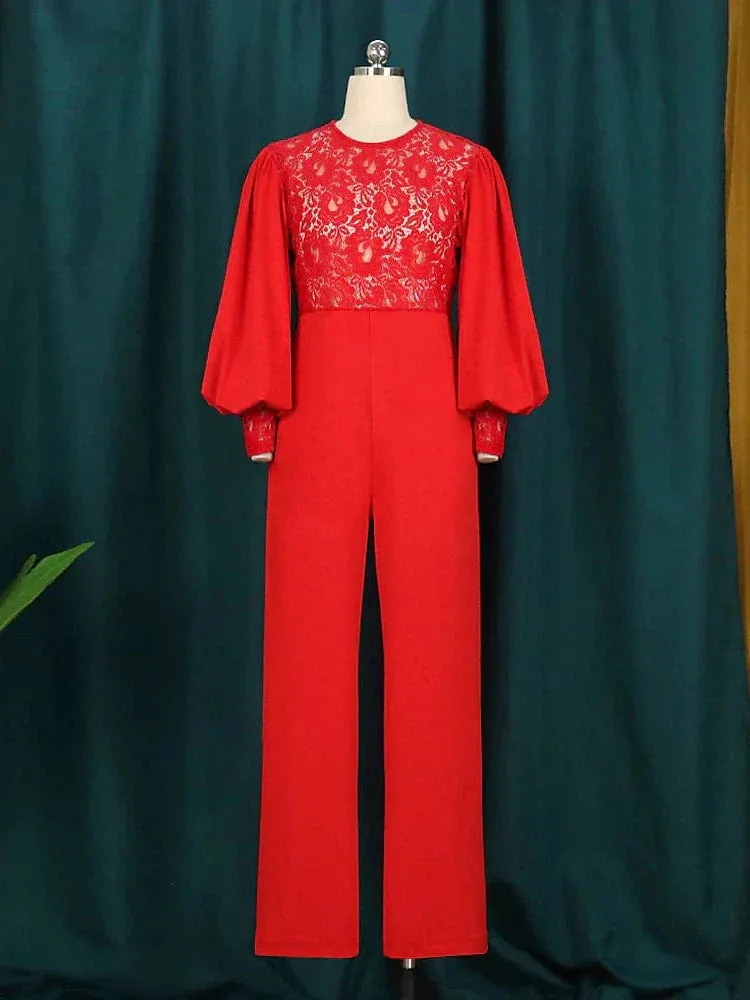 Elegant Red Lace Jumpsuit with Bishop Sleeves for Women