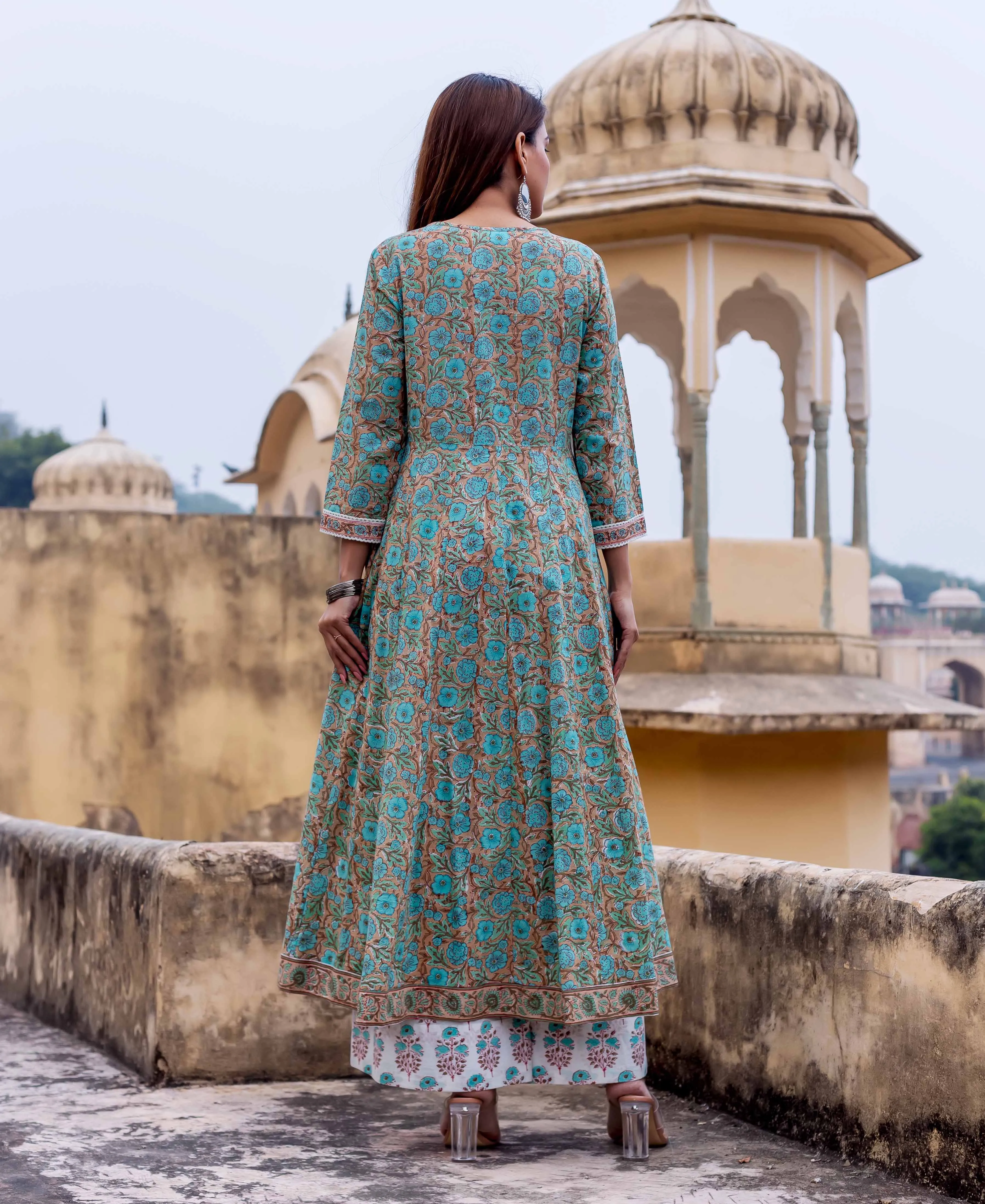 Emerald Green Block Printed Anarkali Kurta